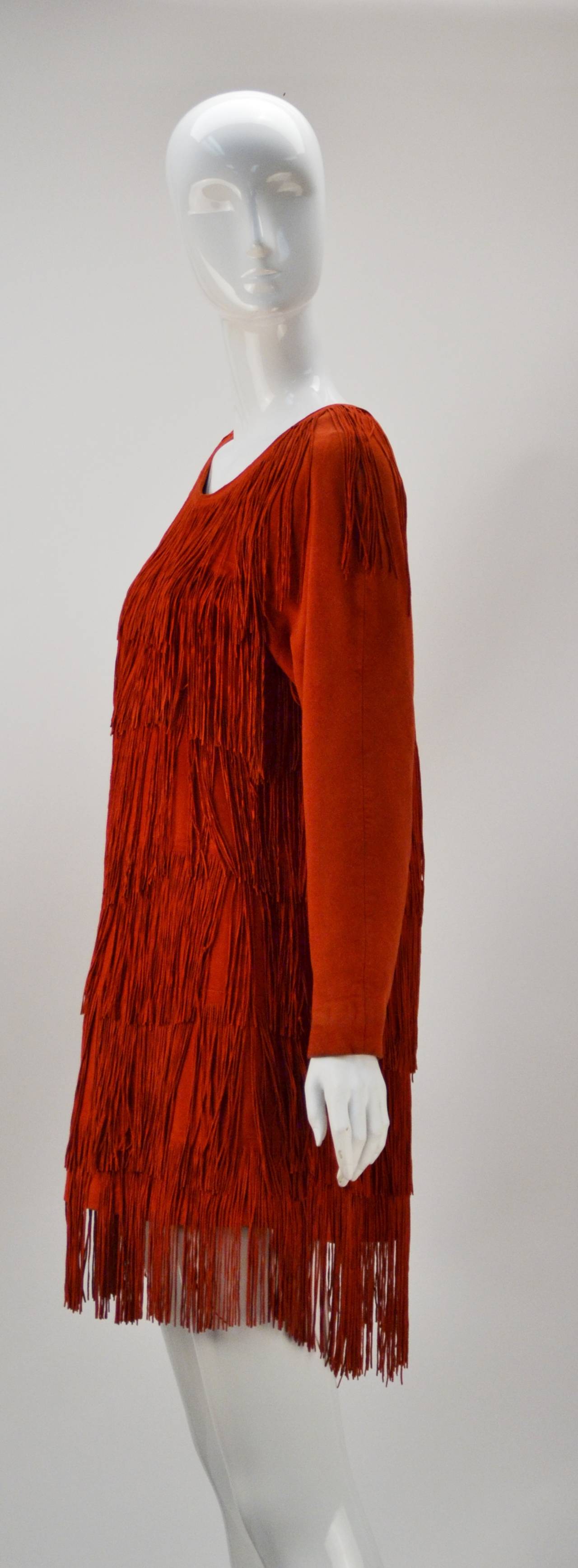 1980s Mario Valentino Leather Red Fringed Dress