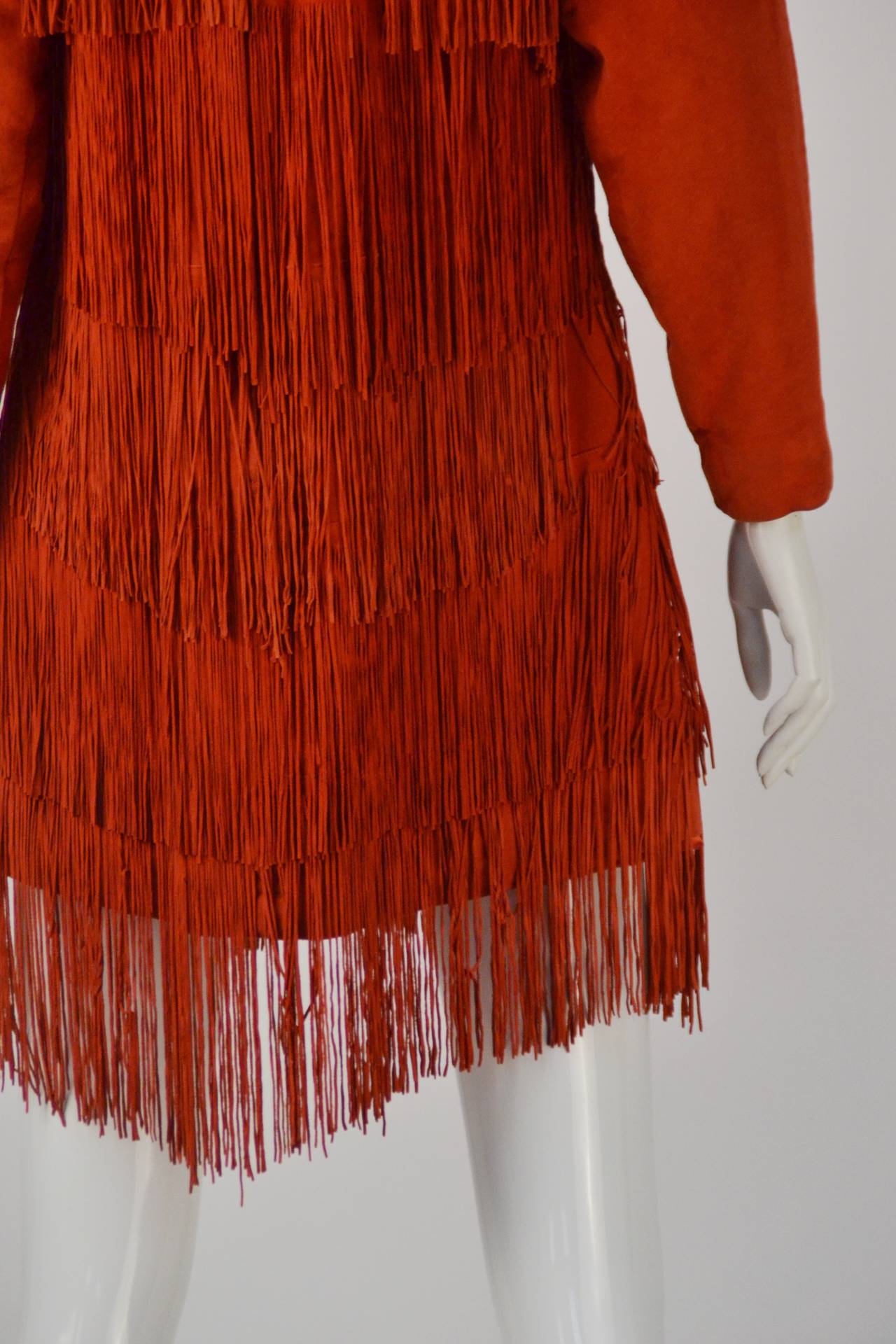 1980s Mario Valentino Leather Red Fringed Dress 1