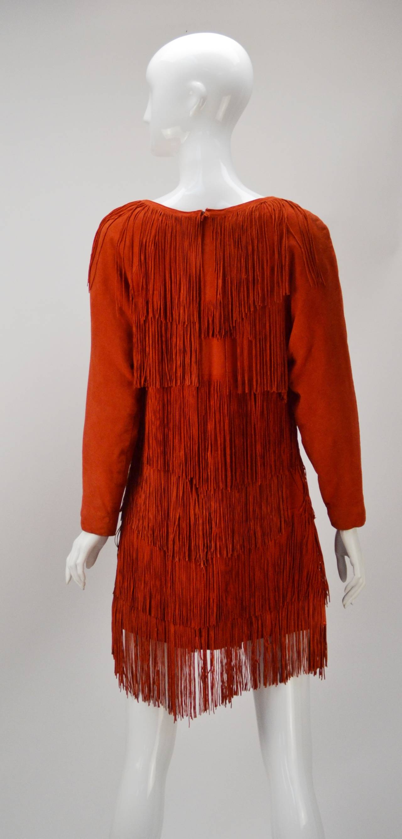 1980s Mario Valentino Leather Red Fringed Dress In Good Condition In Houston, TX