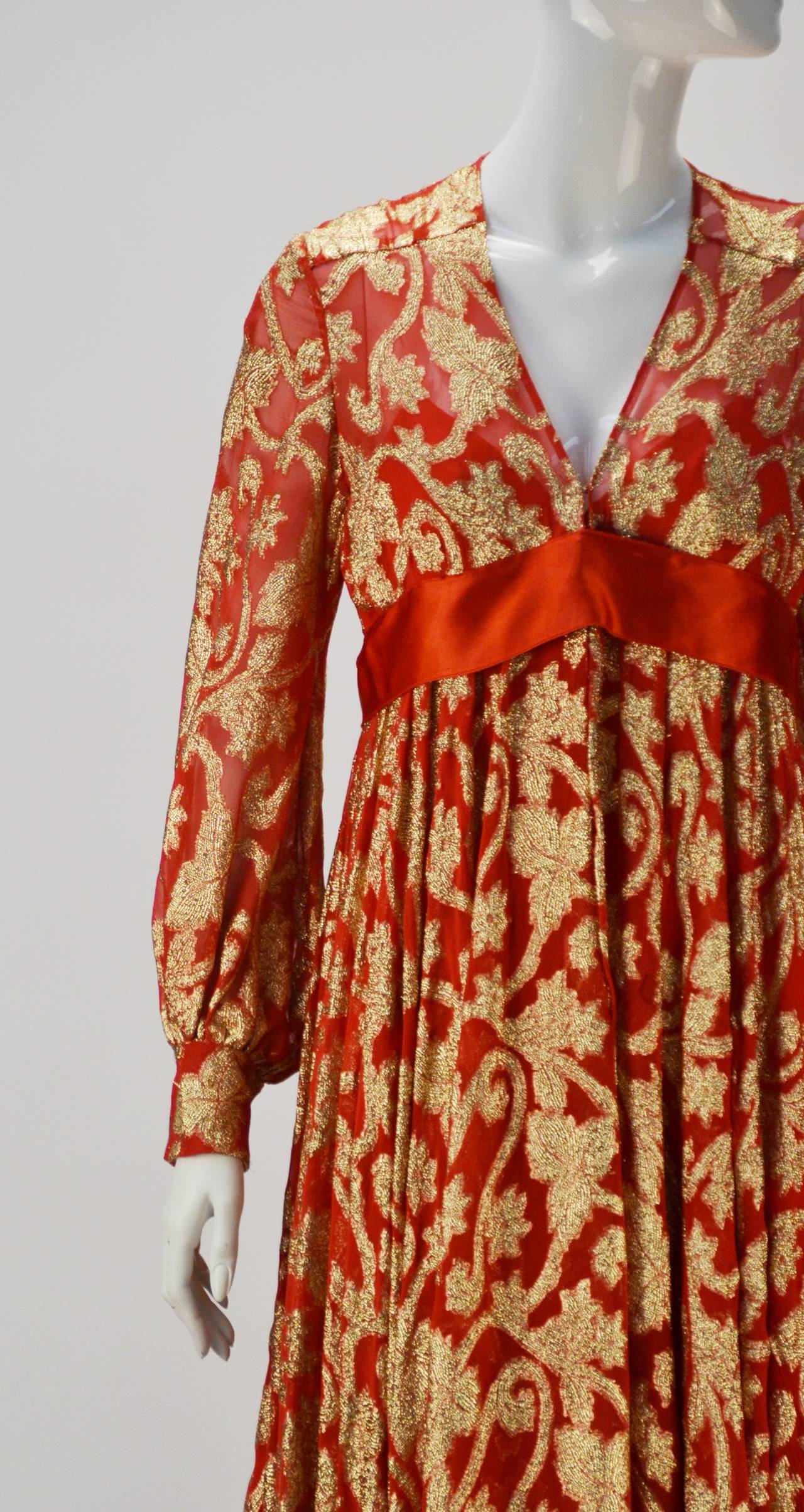 Late 60's Marc Bohan Christian Dior Red w/Gold Metallic Evening Dress & Shawl 2