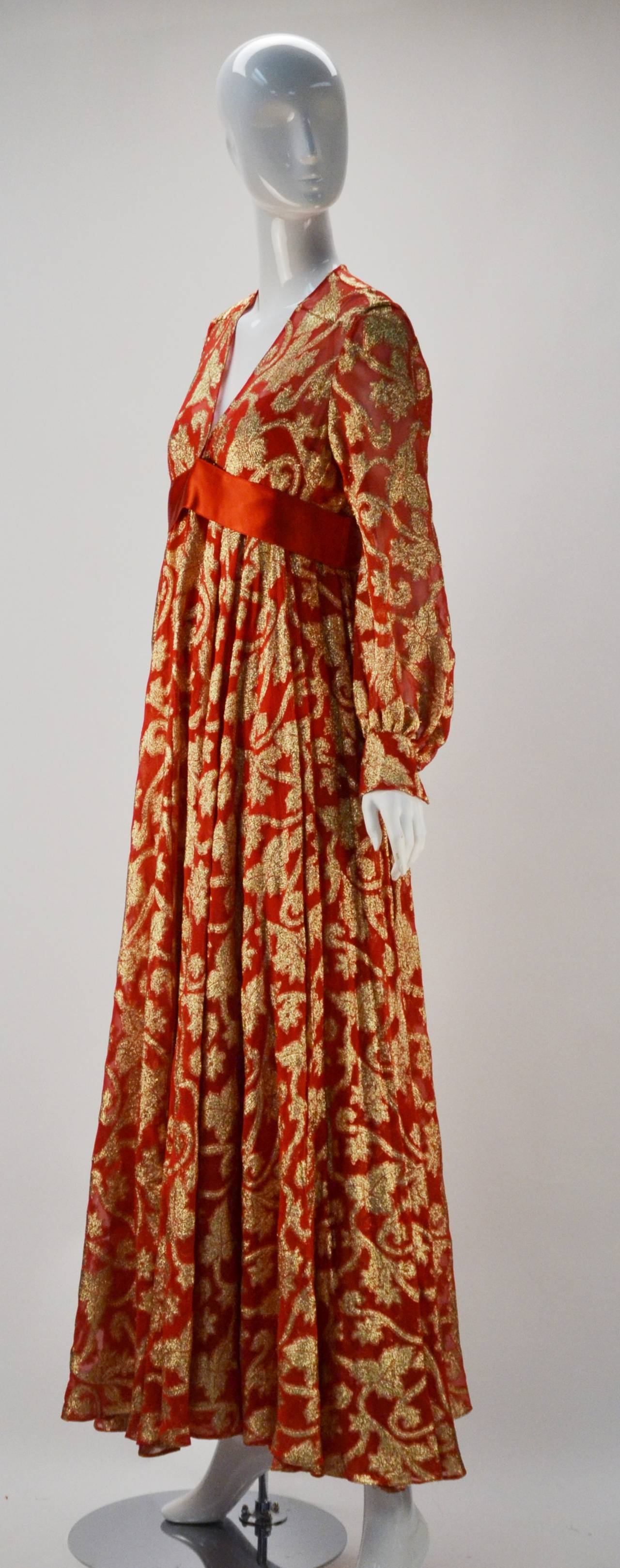 Late 60's Marc Bohan Christian Dior Red w/Gold Metallic Evening Dress & Shawl In Good Condition In Houston, TX