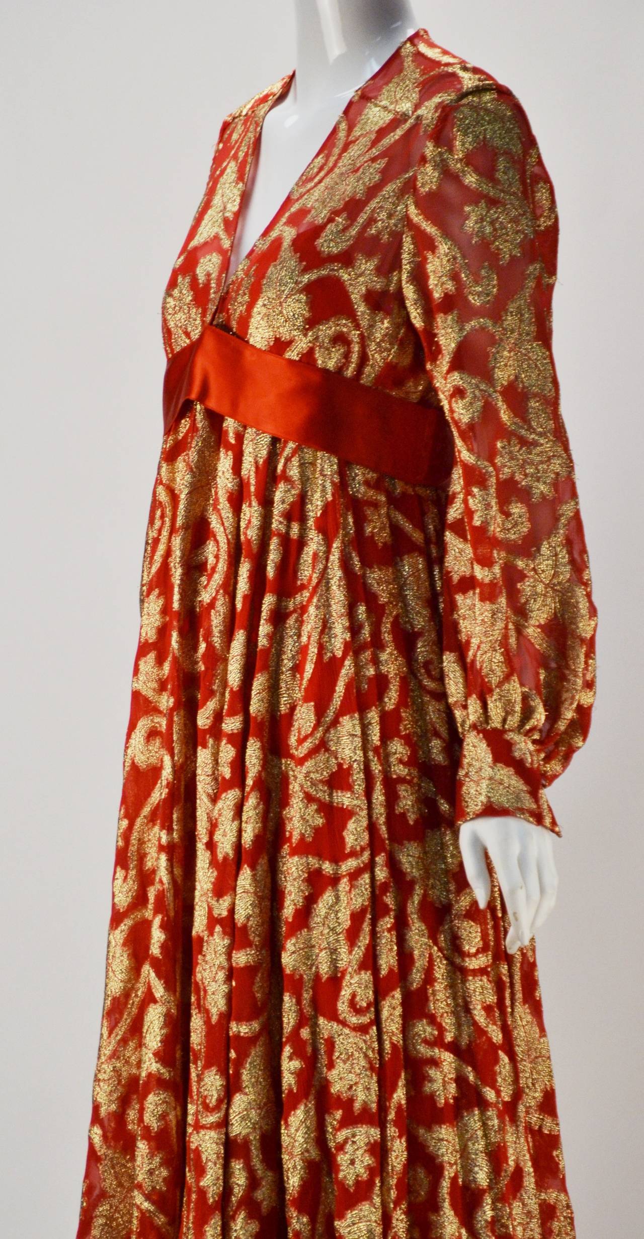 Late 60's Marc Bohan Christian Dior Red w/Gold Metallic Evening Dress & Shawl 1