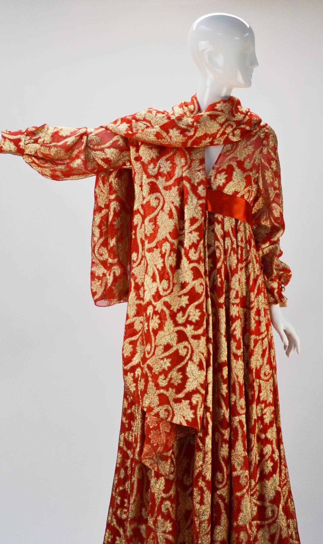 Late 60's Marc Bohan Christian Dior Red w/Gold Metallic Evening Dress & Shawl 3