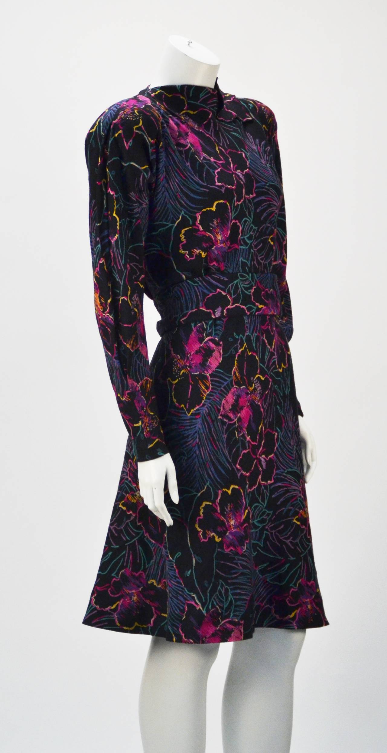 Black 1980s Pauline Trigere Floral Print Dress For Sale