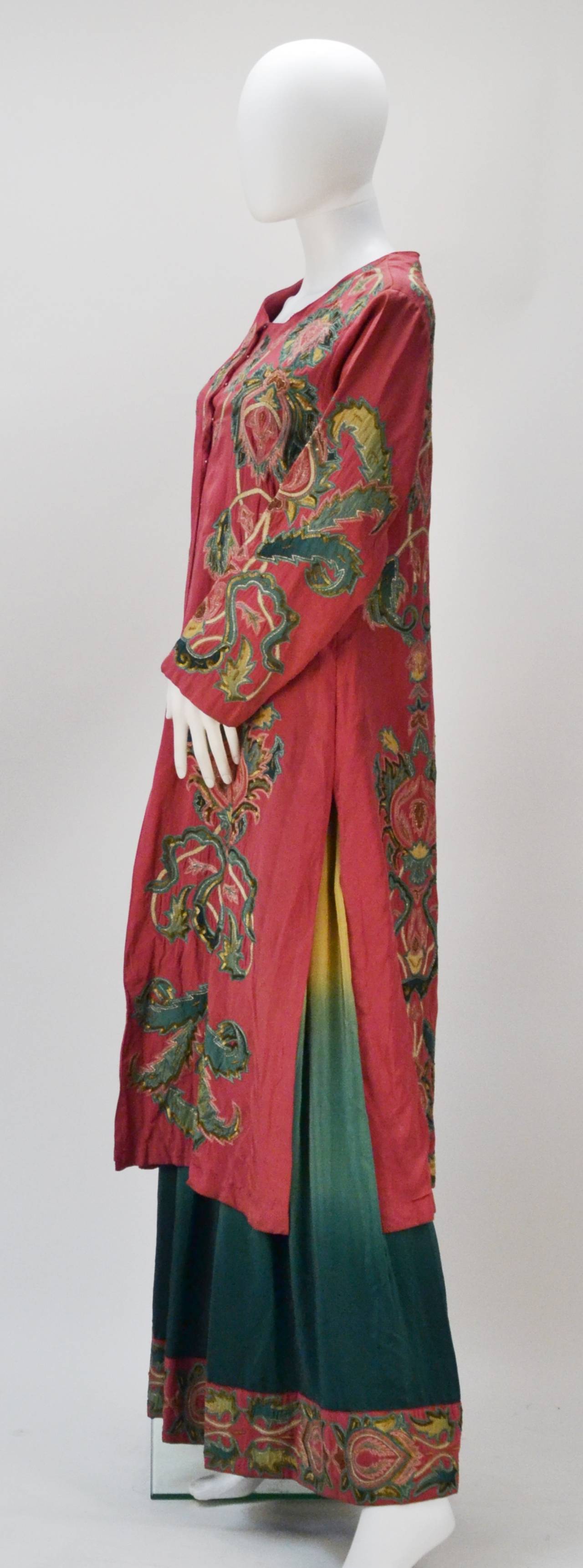 Traditional with a twist, Indian three piece silk jewel colored ensemble created by the atelier of Ashima & Leena Singh. The beloved sisters design a homerun with this ensemble starts off with wide leg billowy pants that fasten with a drawstring