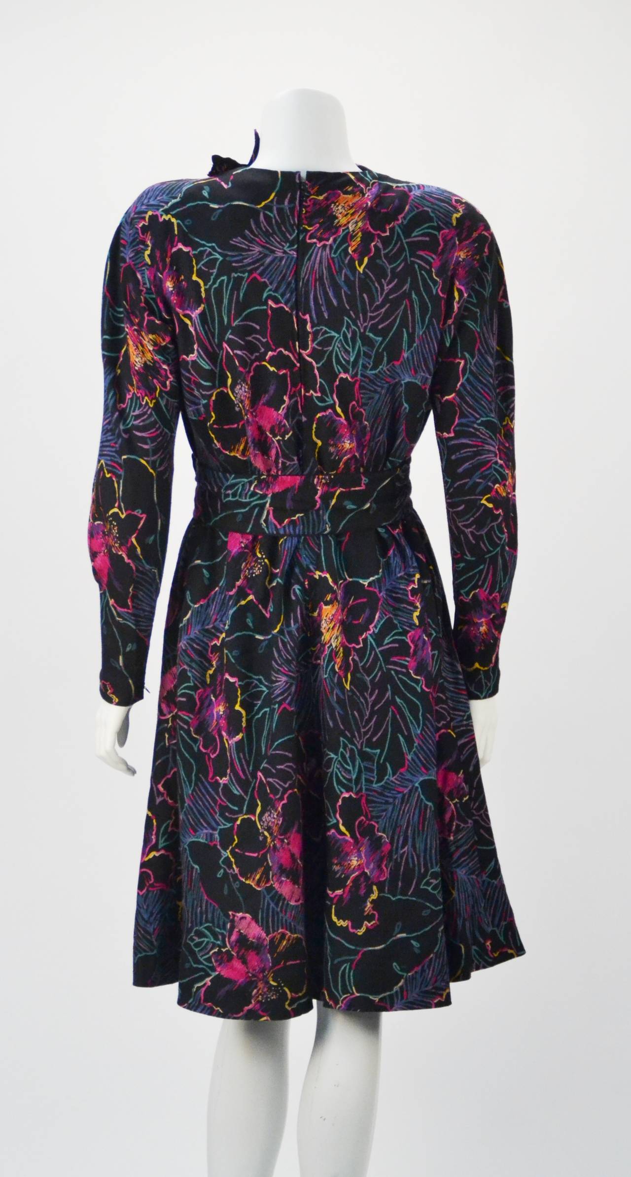 Women's 1980s Pauline Trigere Floral Print Dress For Sale