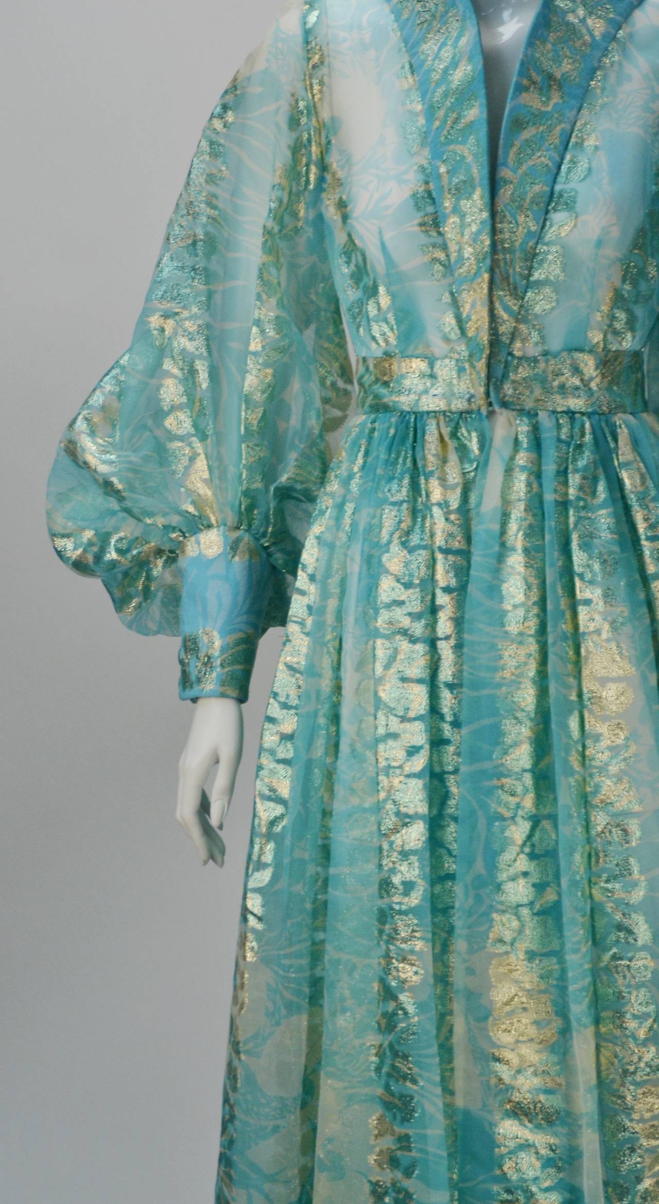 Sheer Light Blue and Gold Metallic Hostess Over Gown, 1970s 1