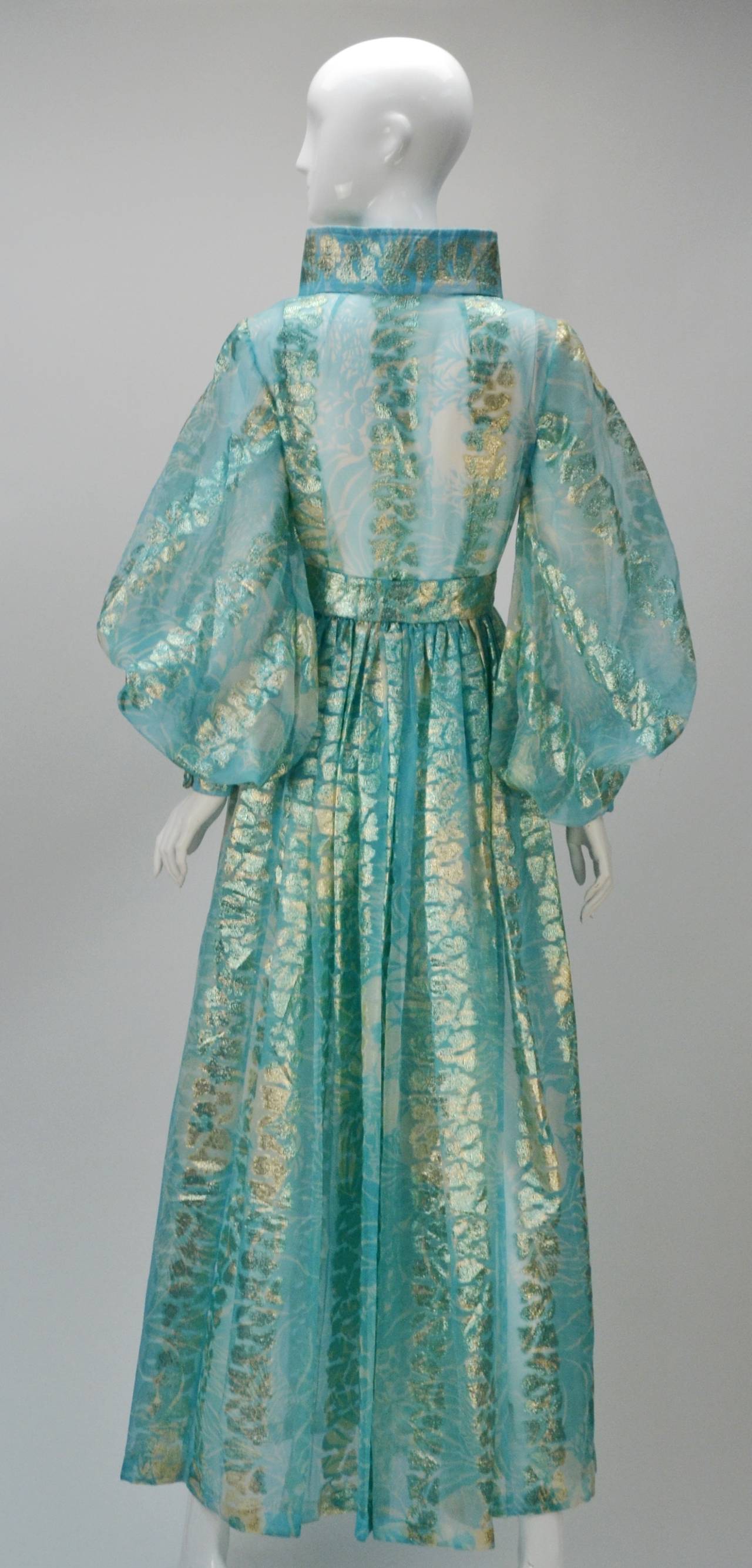 Sheer Light Blue and Gold Metallic Hostess Over Gown, 1970s In Good Condition In Houston, TX