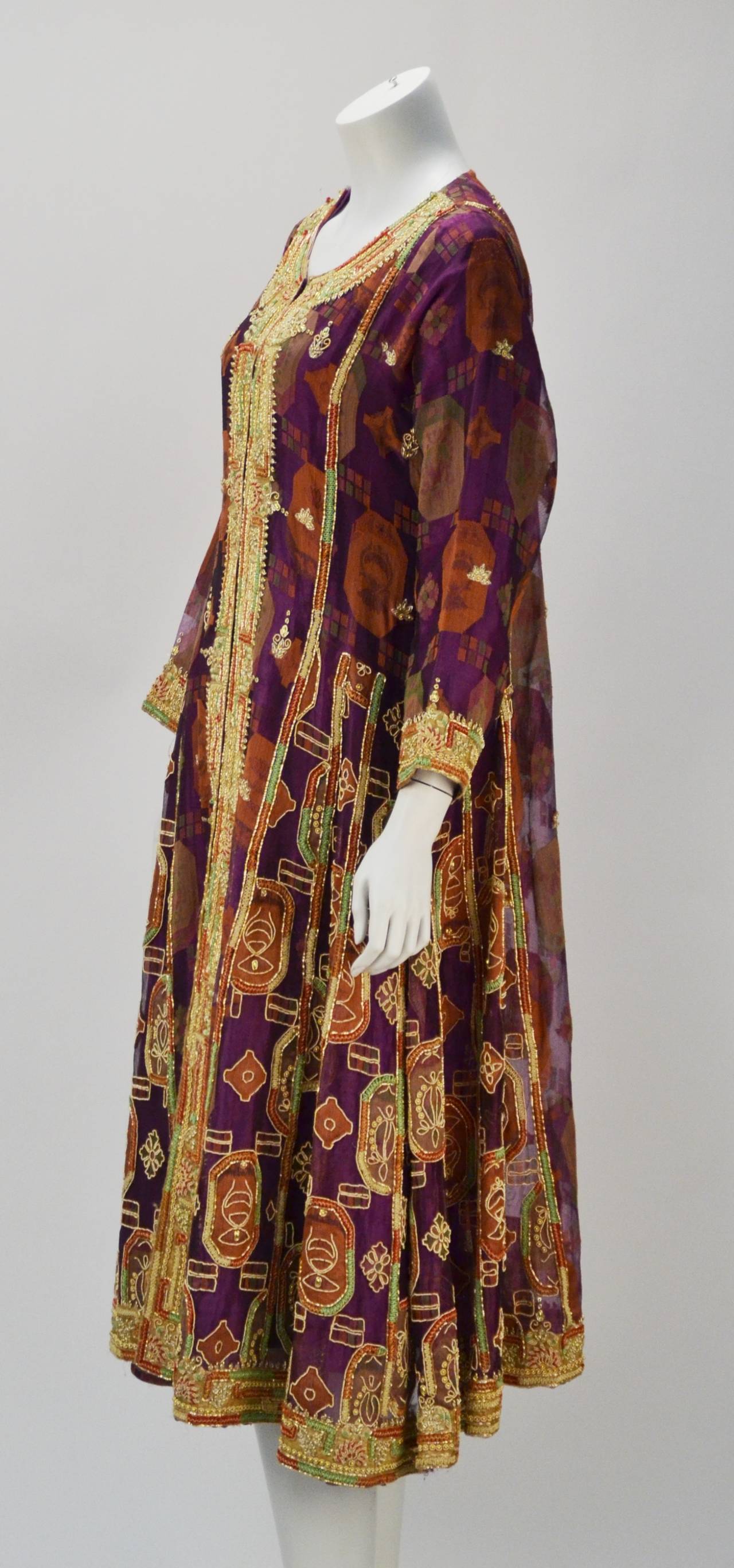 Brown 1970s Indian Multi Color Embroidered Kaftan Ensemble For Sale