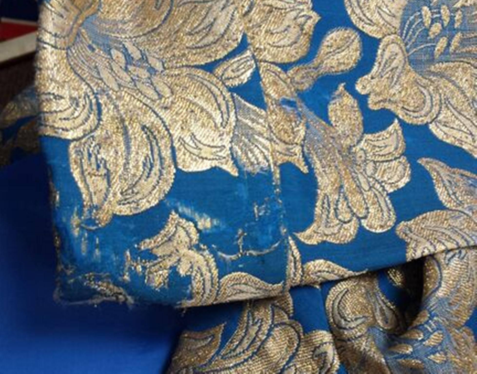 1960s Blue with Gold Metallic Brocade Long Evening Coat Dress  For Sale 1