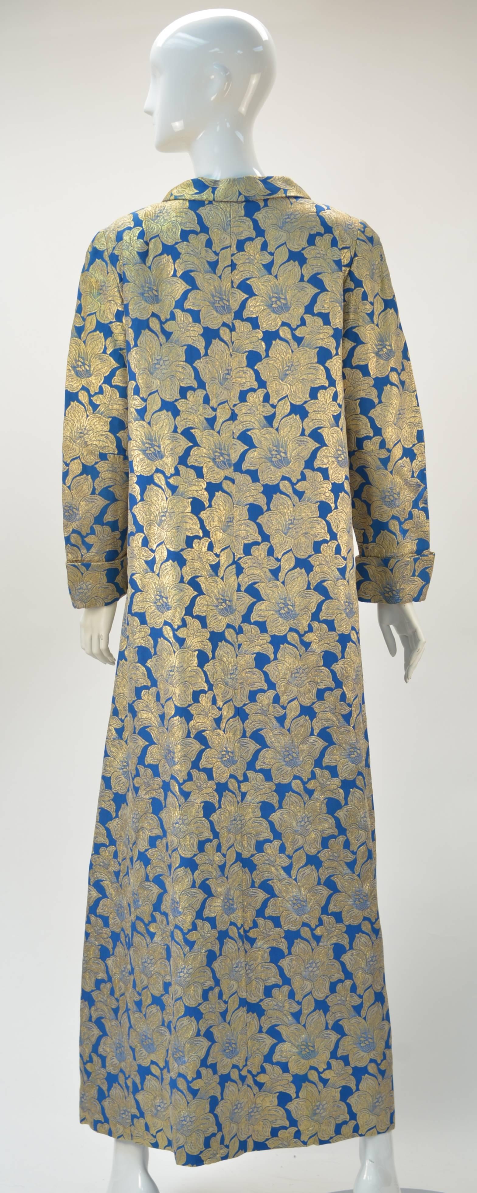 Gray 1960s Blue with Gold Metallic Brocade Long Evening Coat Dress  For Sale