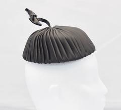 1960s Sally Victor Black Pleated Pillbox Style Hat with Bow Accent