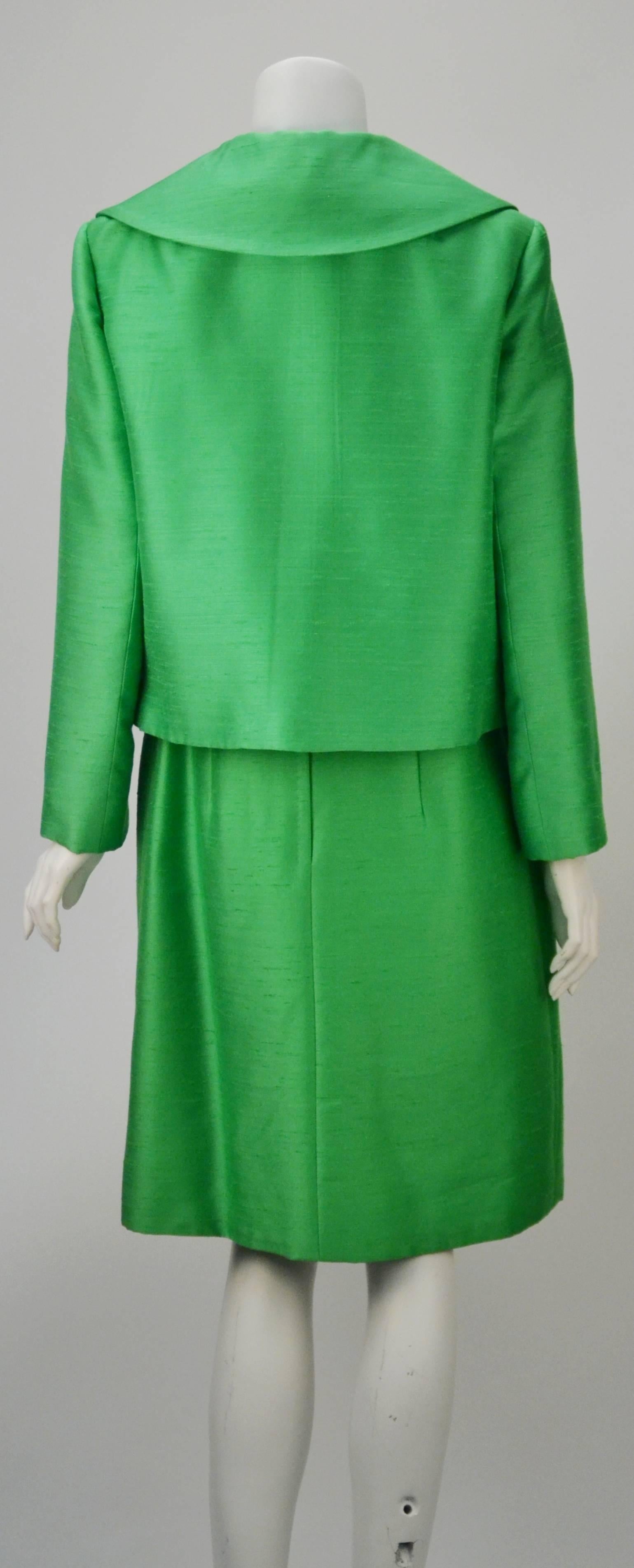 1960s Mr. Blackwell Custom Green Silk 2 Piece Dress and Jacket Ensemble For Sale 3