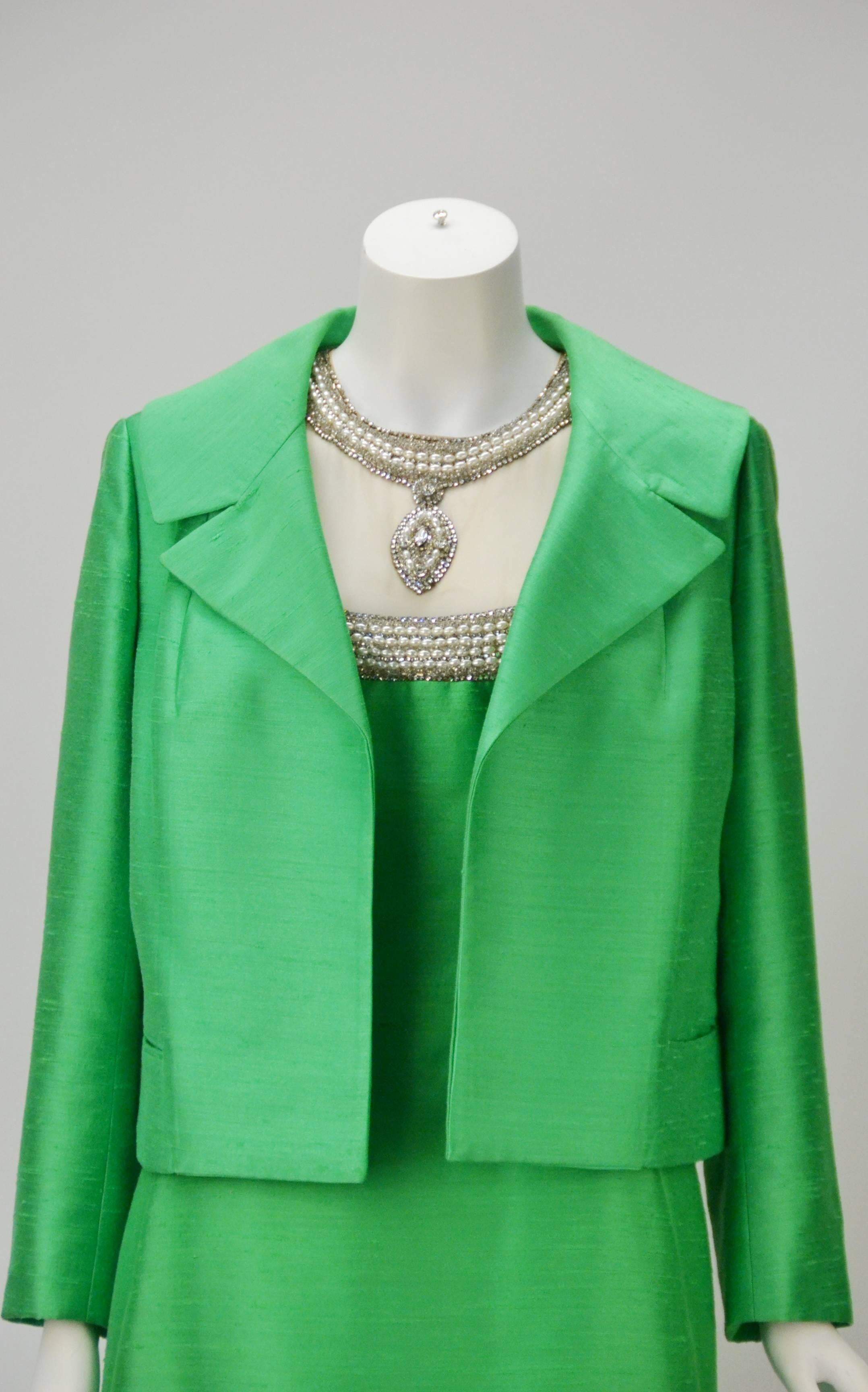 1960s Mr. Blackwell Custom Green Silk 2 Piece Dress and Jacket Ensemble For Sale 2