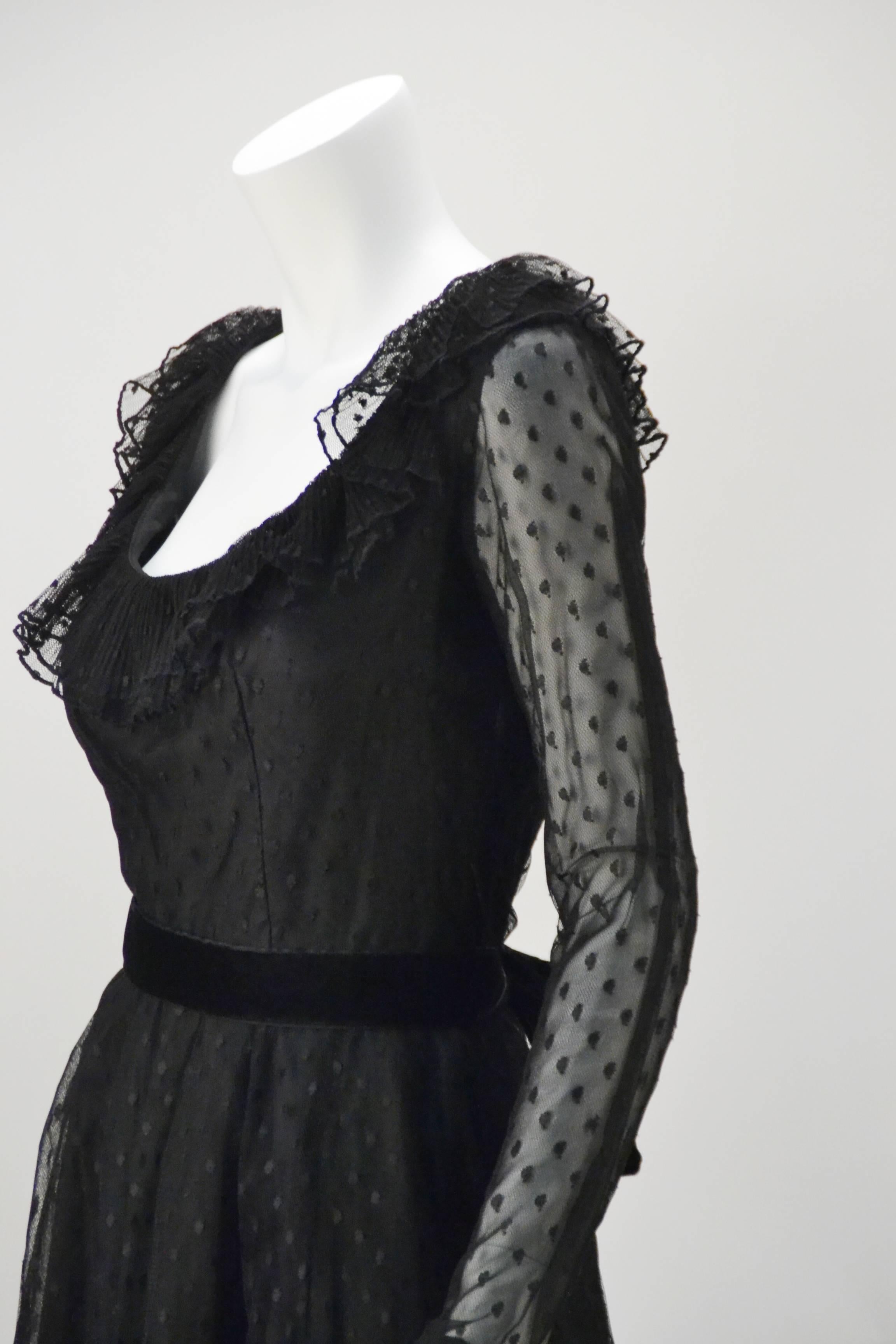 Women's 1970s Victor Costa LTD Black Lace Polka Dot Evening Dress 