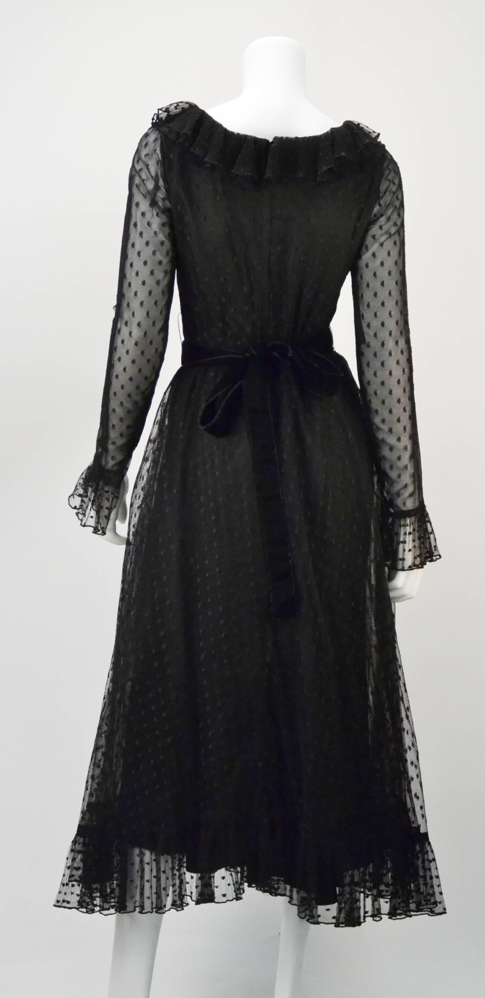 1970s Victor Costa LTD Black Lace Polka Dot Evening Dress  In Good Condition In Houston, TX