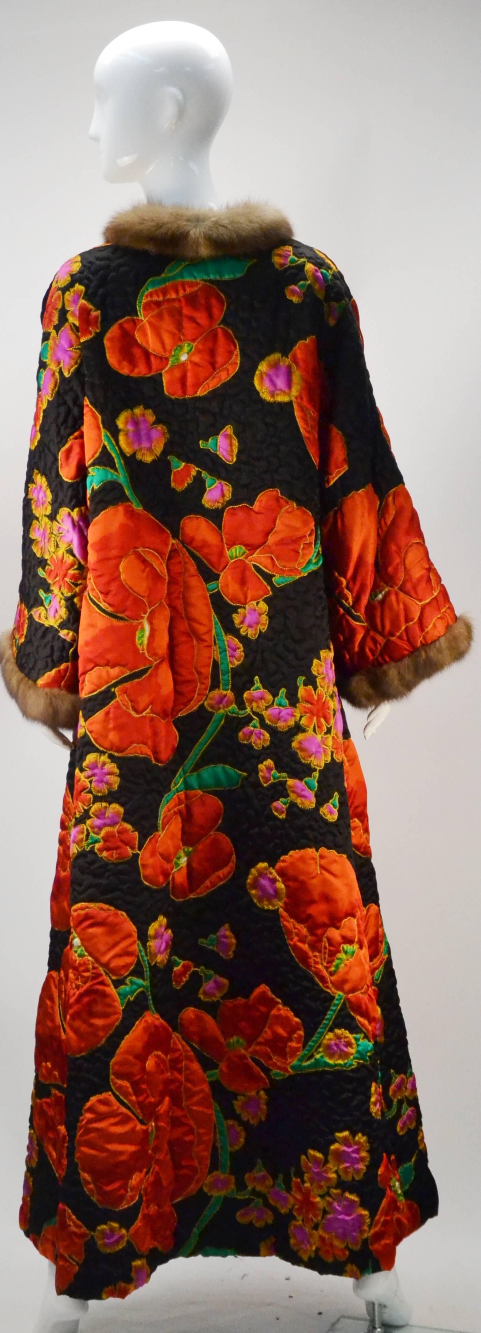 Maximillian Quilted Floral Silk Coat with Mink Trim In Excellent Condition In Houston, TX