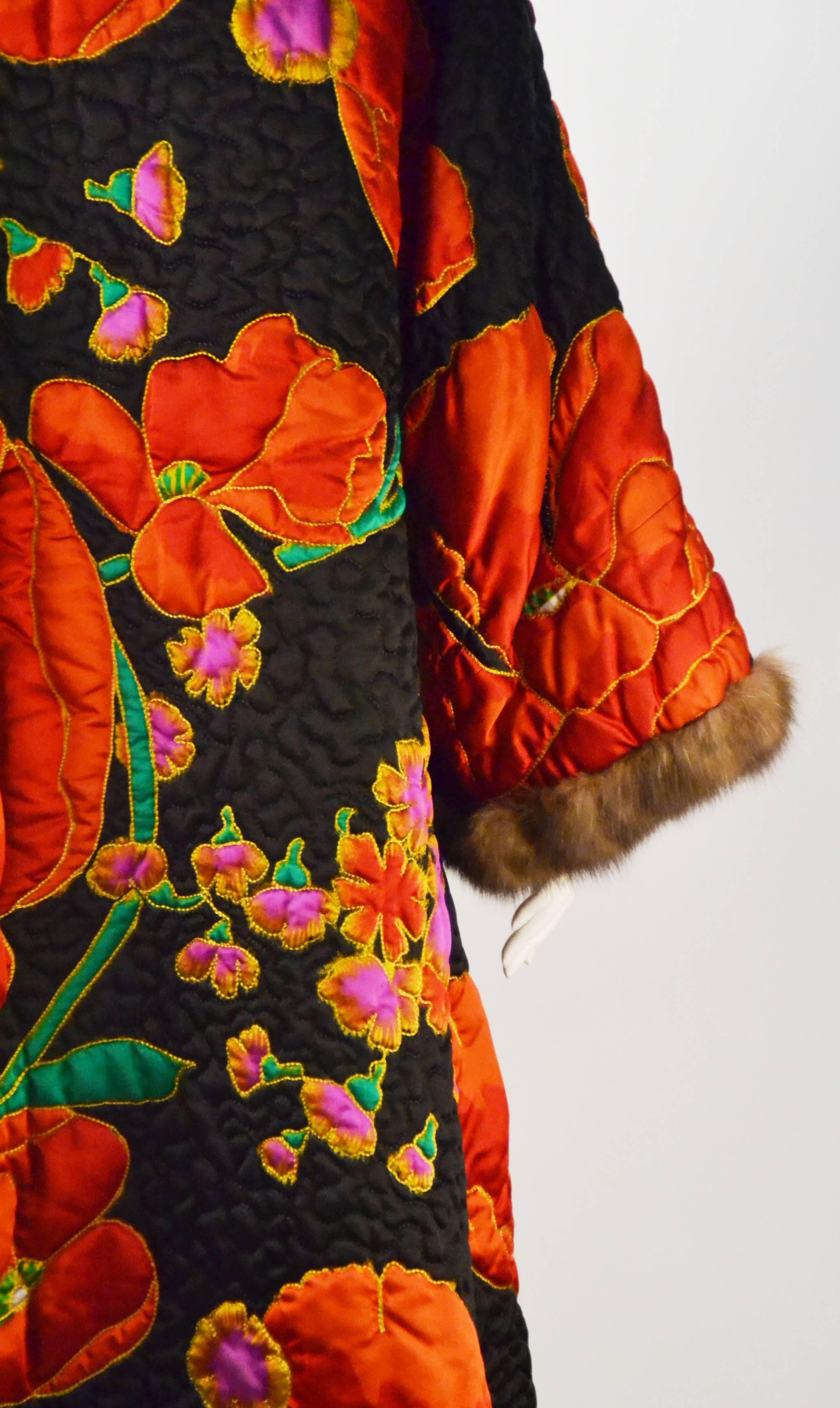 Maximillian Quilted Floral Silk Coat with Mink Trim 2