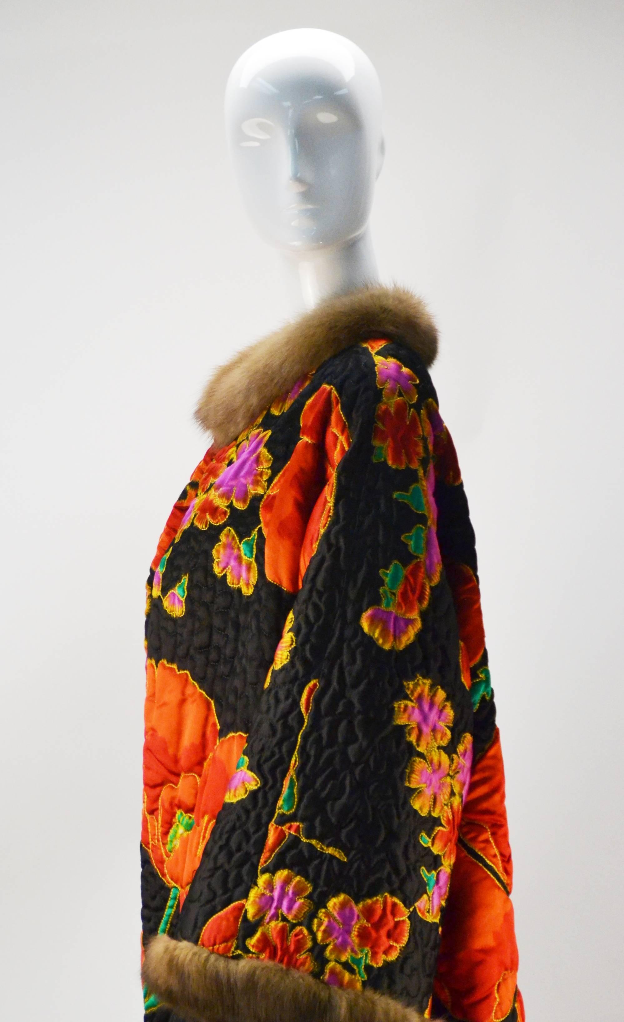 Maximillian Quilted Floral Silk Coat with Mink Trim 1