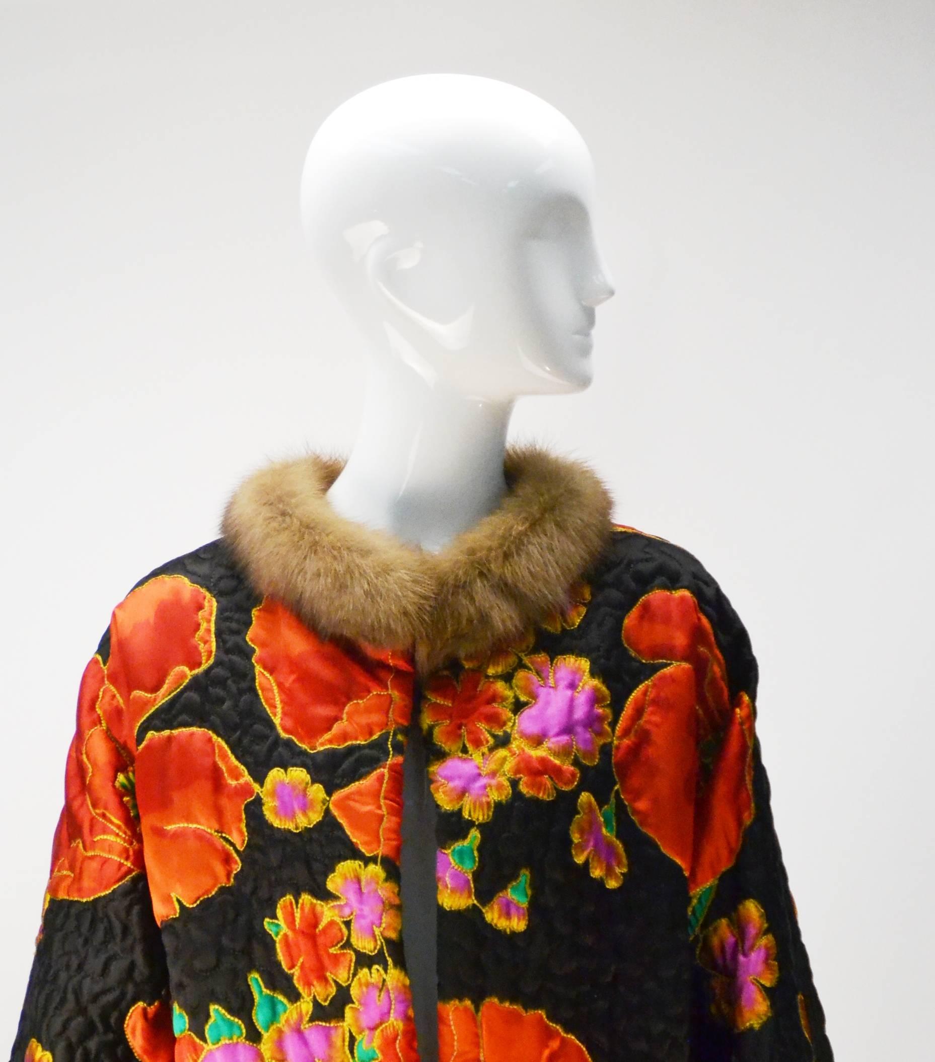 Women's Maximillian Quilted Floral Silk Coat with Mink Trim