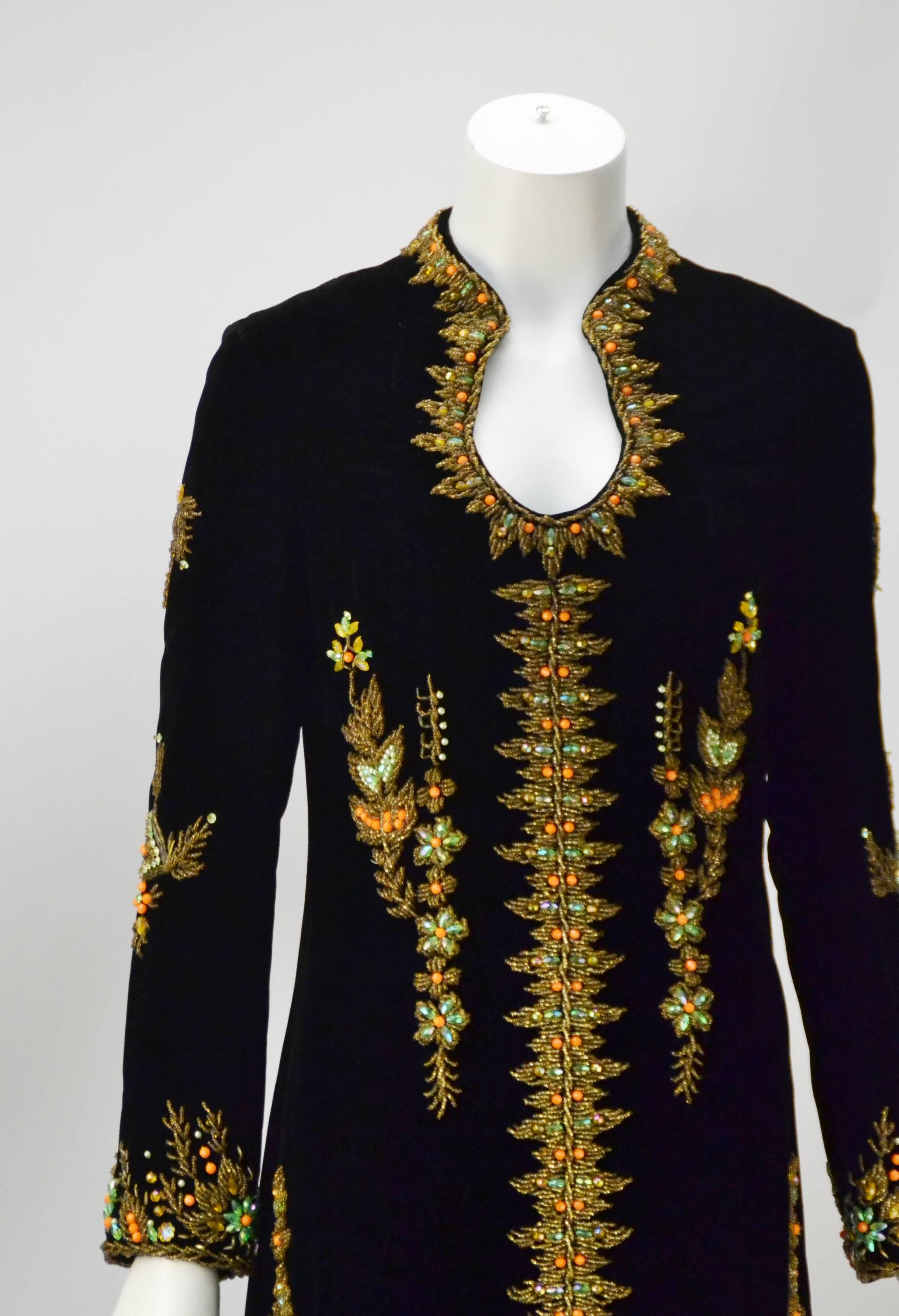VIntage Black Velvet Hand Beaded Embroidered Caftan/Maxi Gown 1