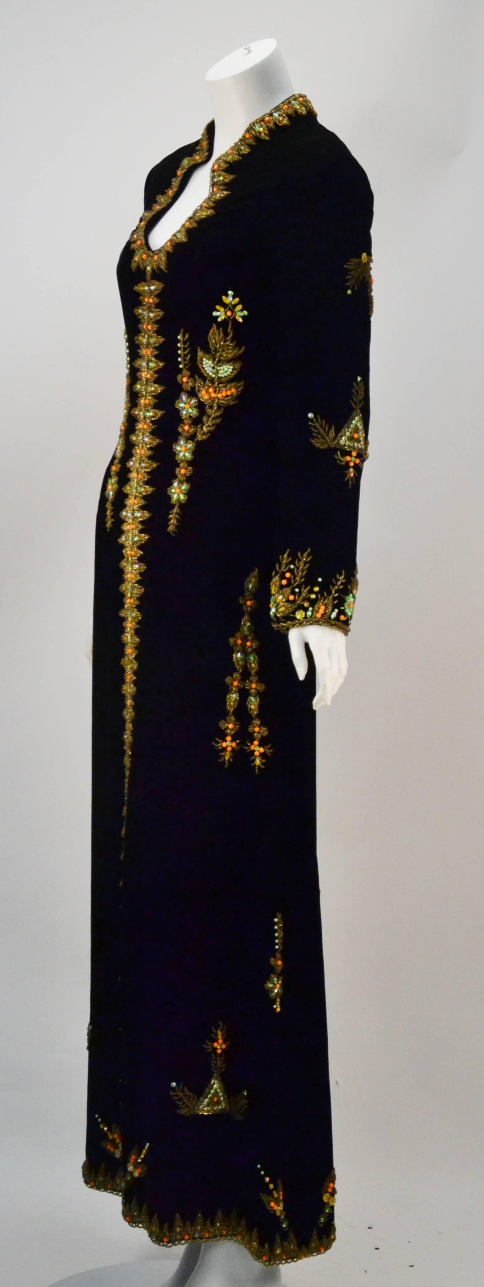 VIntage Black Velvet Hand Beaded Embroidered Caftan/Maxi Gown In Good Condition In Houston, TX