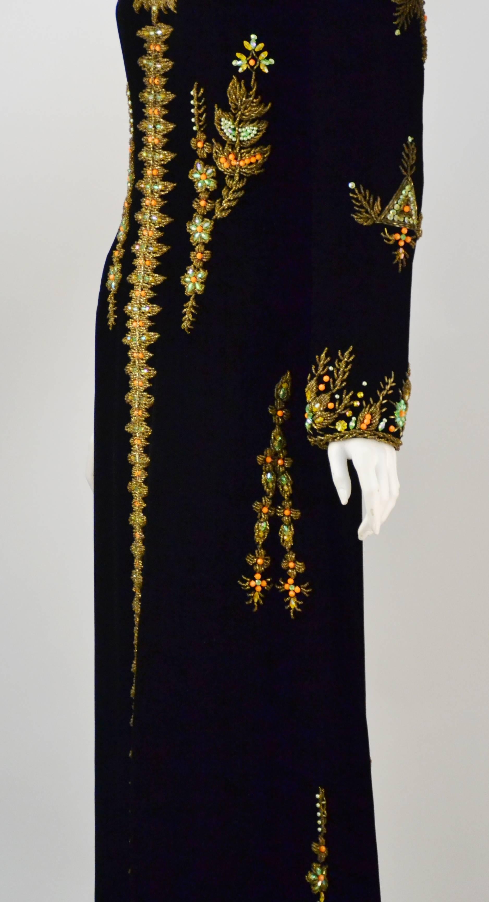 Women's VIntage Black Velvet Hand Beaded Embroidered Caftan/Maxi Gown