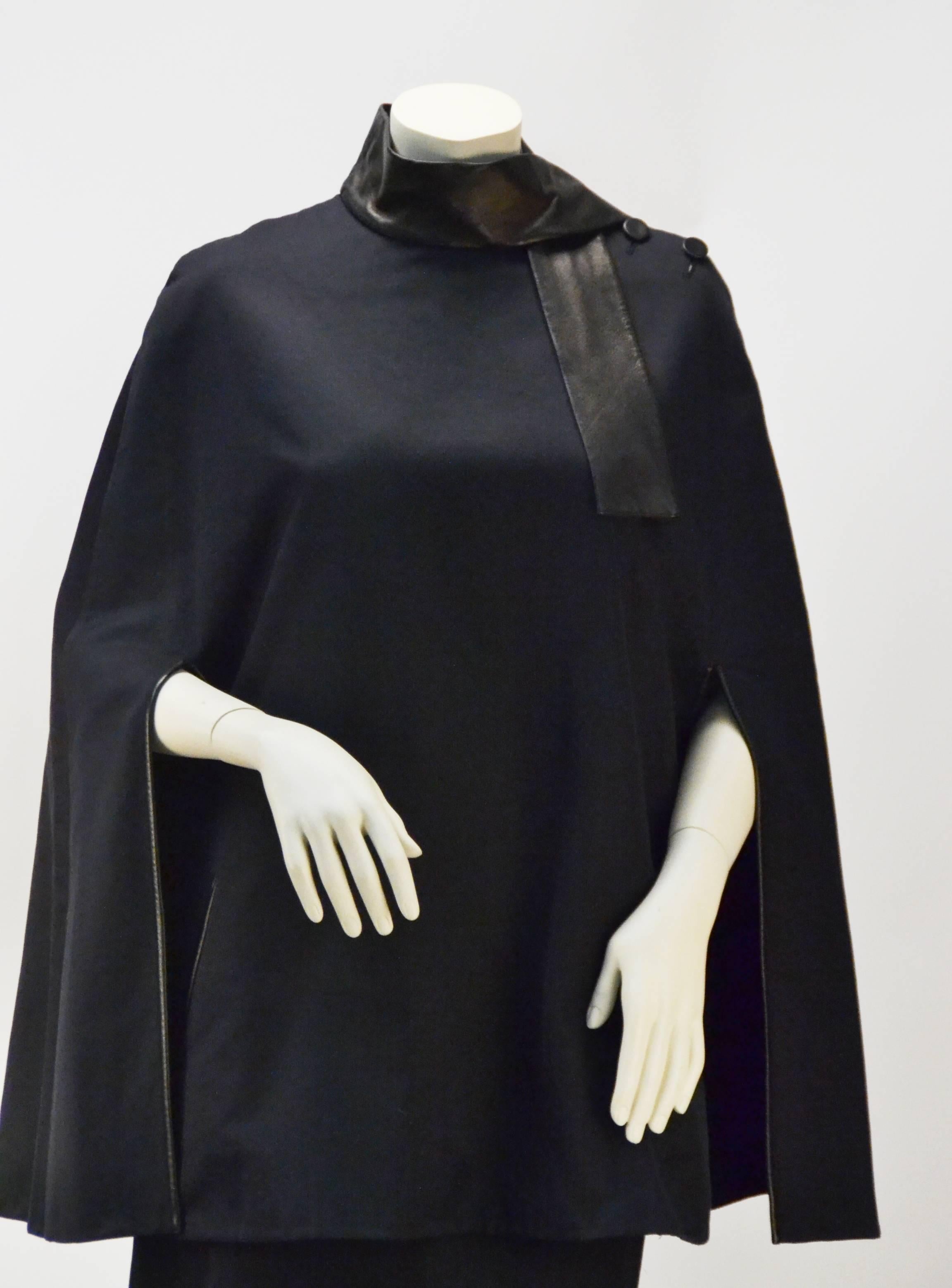 1990s Givenchy by Galliano Navy Leather and Wool Cape Ensemble For Sale 1