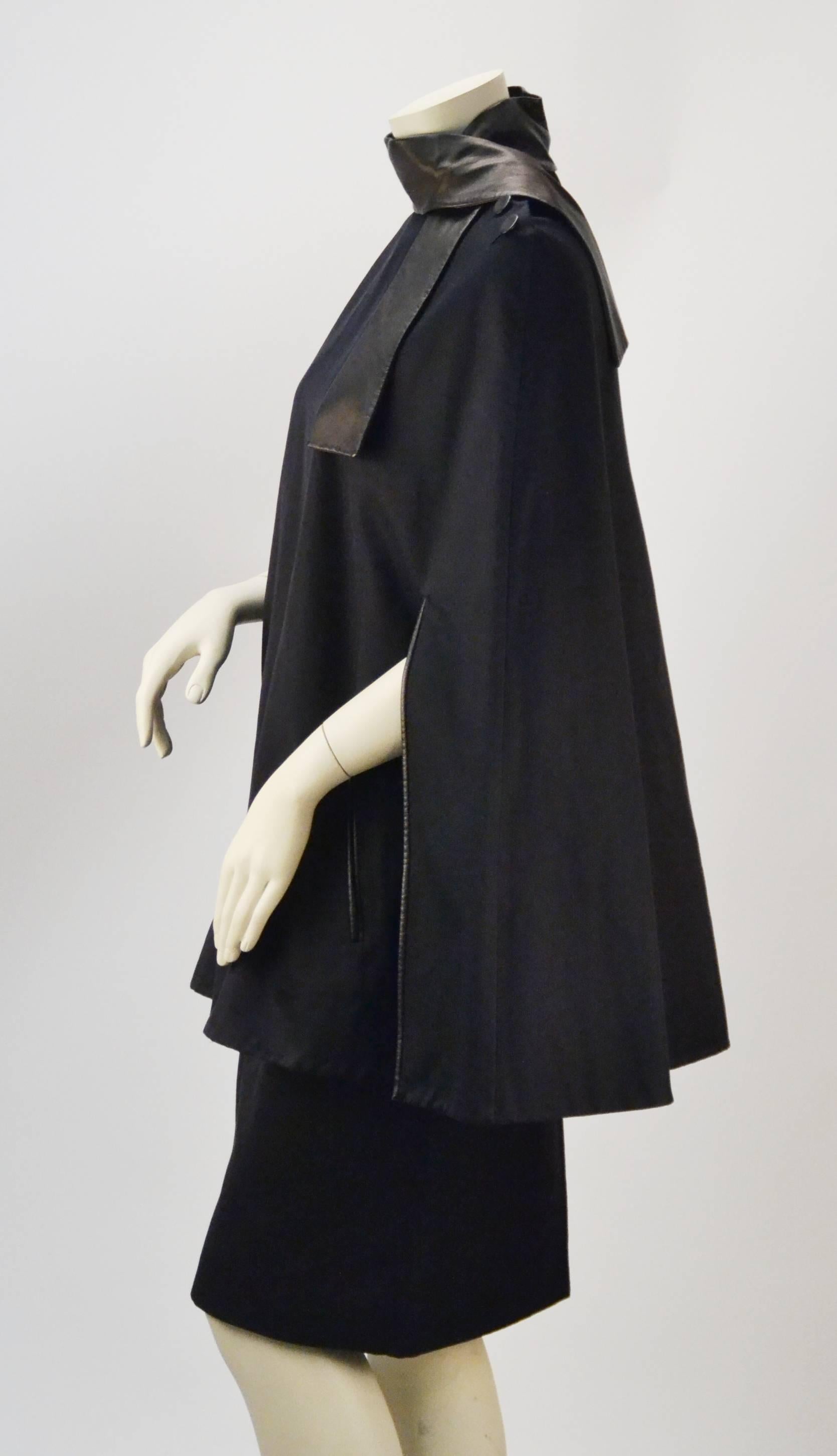 Black 1990s Givenchy by Galliano Navy Leather and Wool Cape Ensemble For Sale