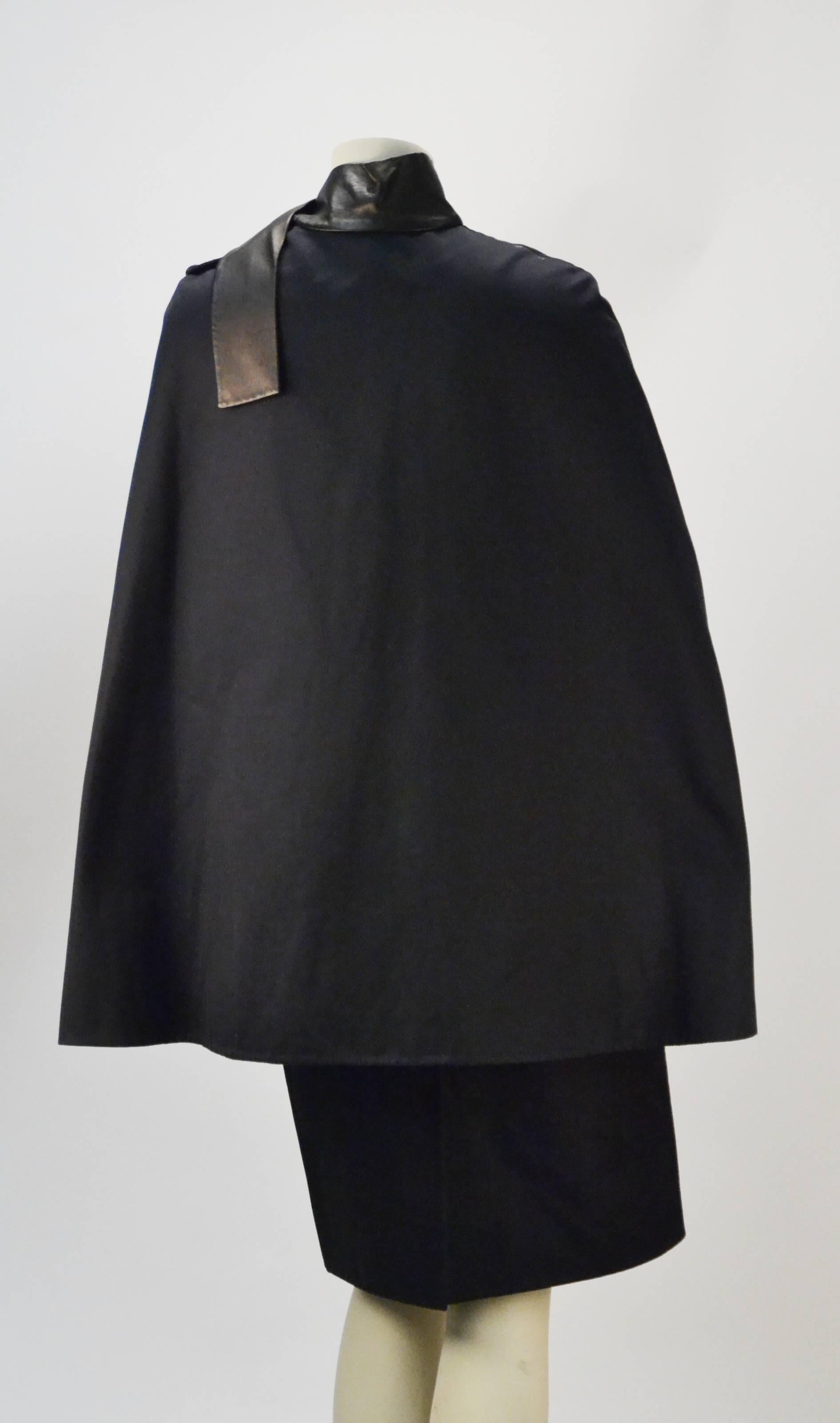 1990s Givenchy by Galliano Navy Leather and Wool Cape Ensemble In Excellent Condition For Sale In Houston, TX