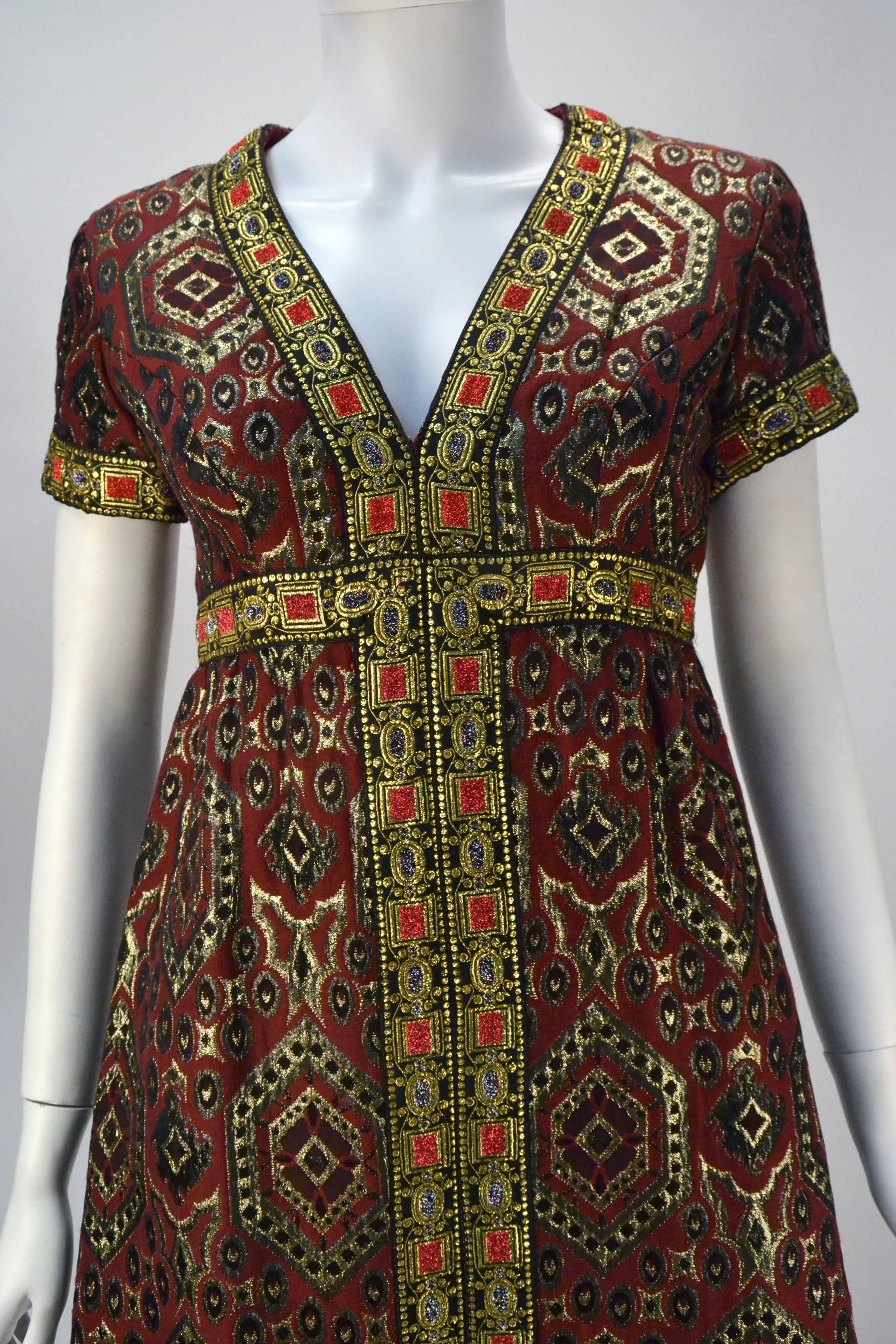 Deep Red Dress with Gold Metallic Pattern, 1970s    In Good Condition In Houston, TX