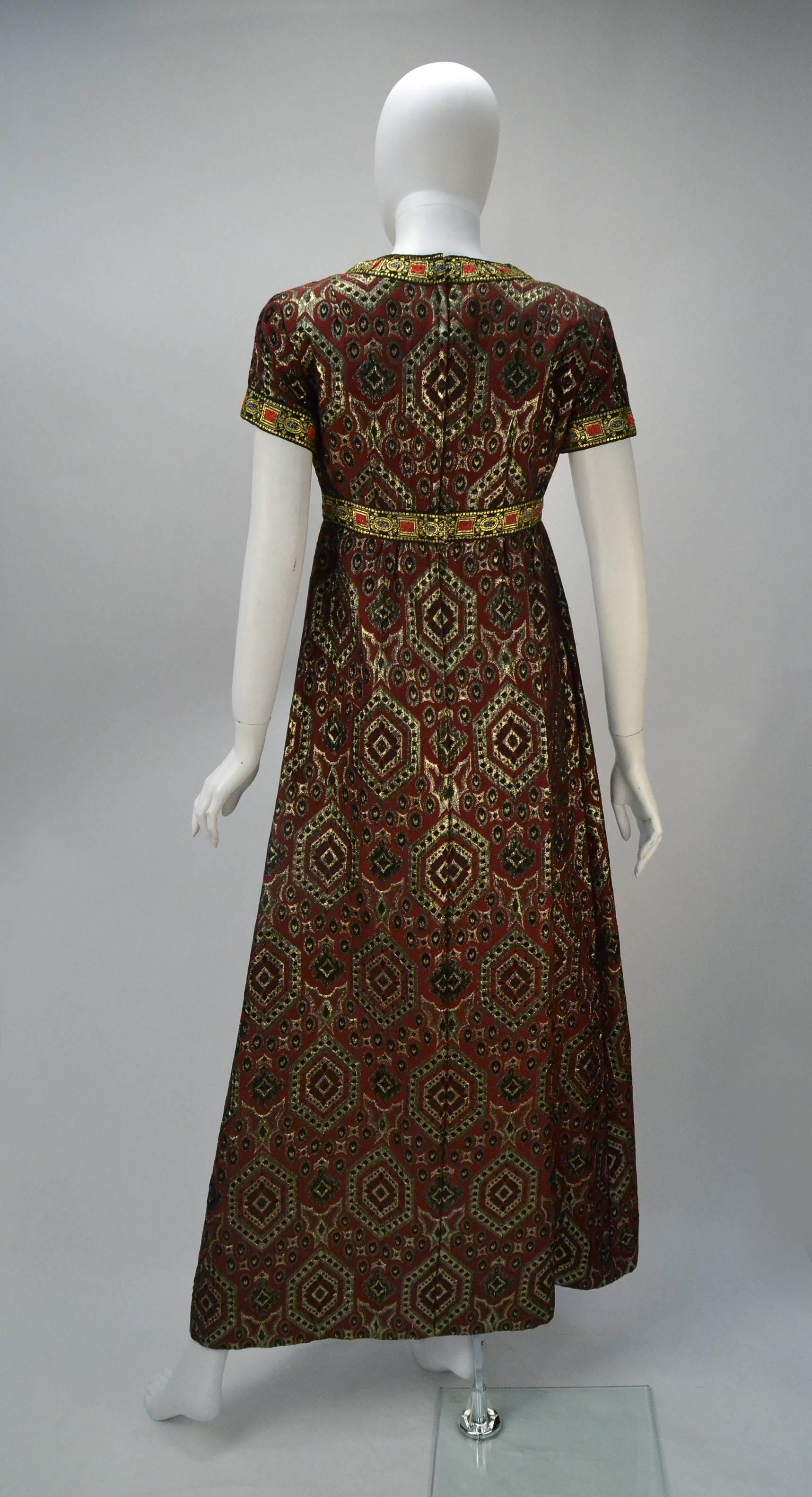Black Deep Red Dress with Gold Metallic Pattern, 1970s   