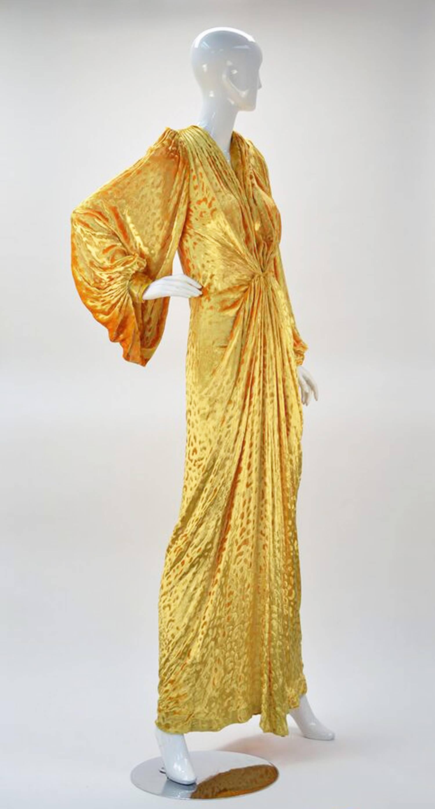 Brown 1980s Renato Balestra Attr. Goldenrod Ruched Velvet Gown