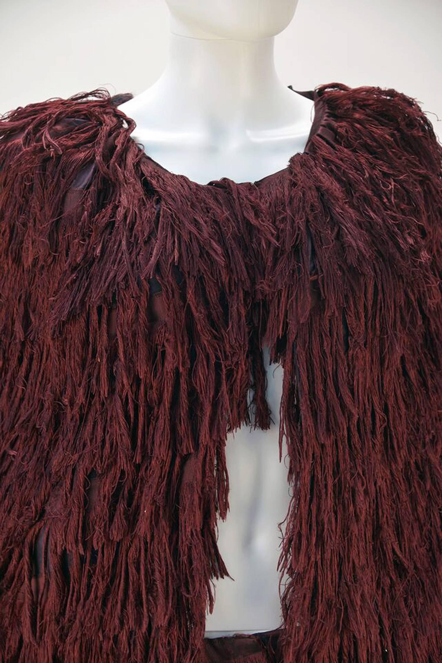 Women's Mila Schon Burgundy Silk Fringe Cape with Matching Fringe Pants