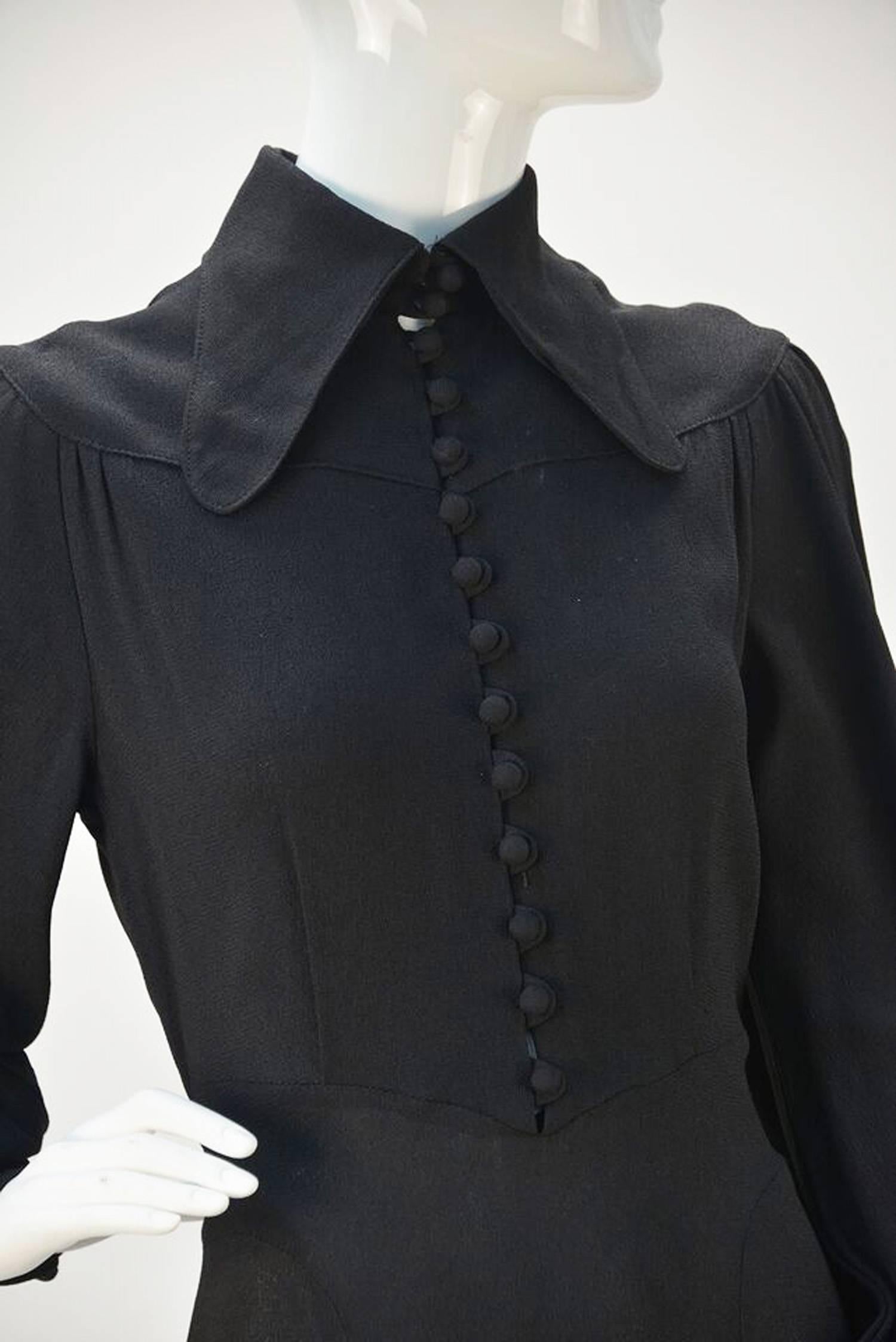 1970s Ossie Clark for Radley Black Moss High Collar Crepe Dress In Good Condition In Houston, TX