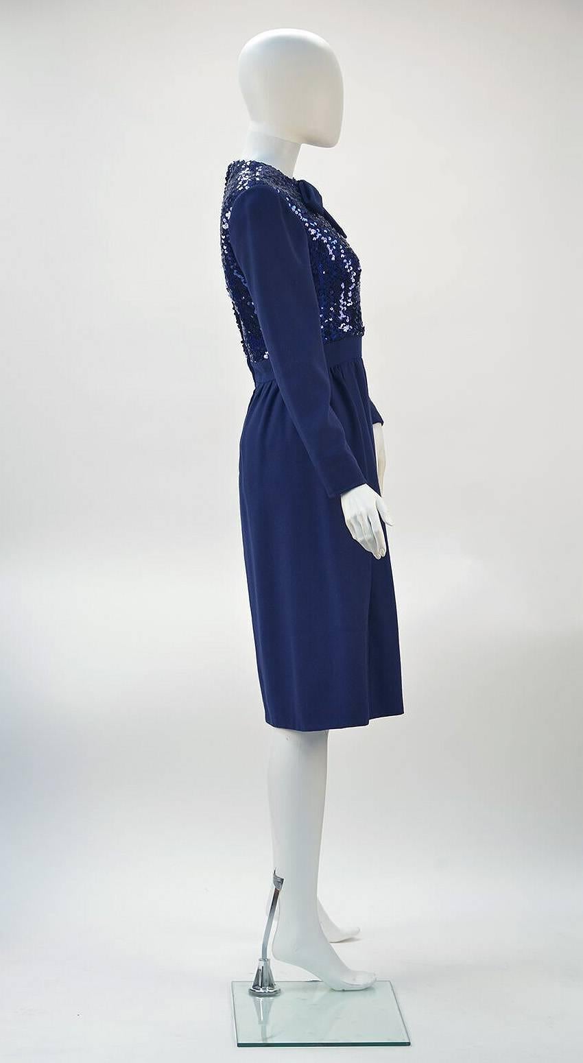 Purple 1960s Navy Wool Sequined Cocktail Dress For Sale
