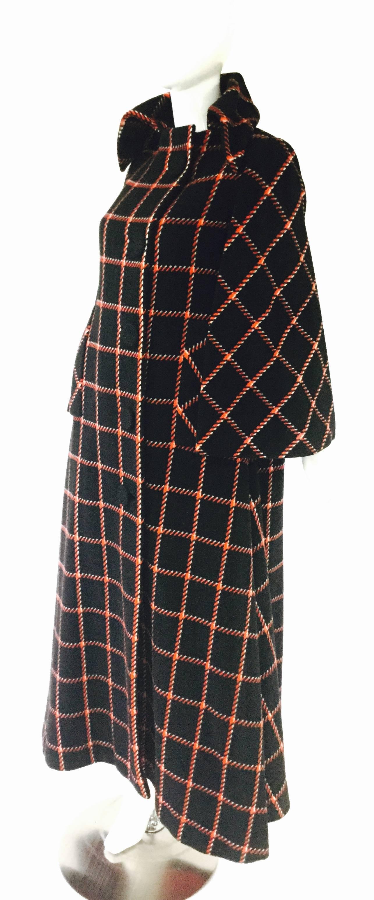 Women's 1970s Pauline Trigere Black and Red Plaid Wool Cape and Skirt  For Sale