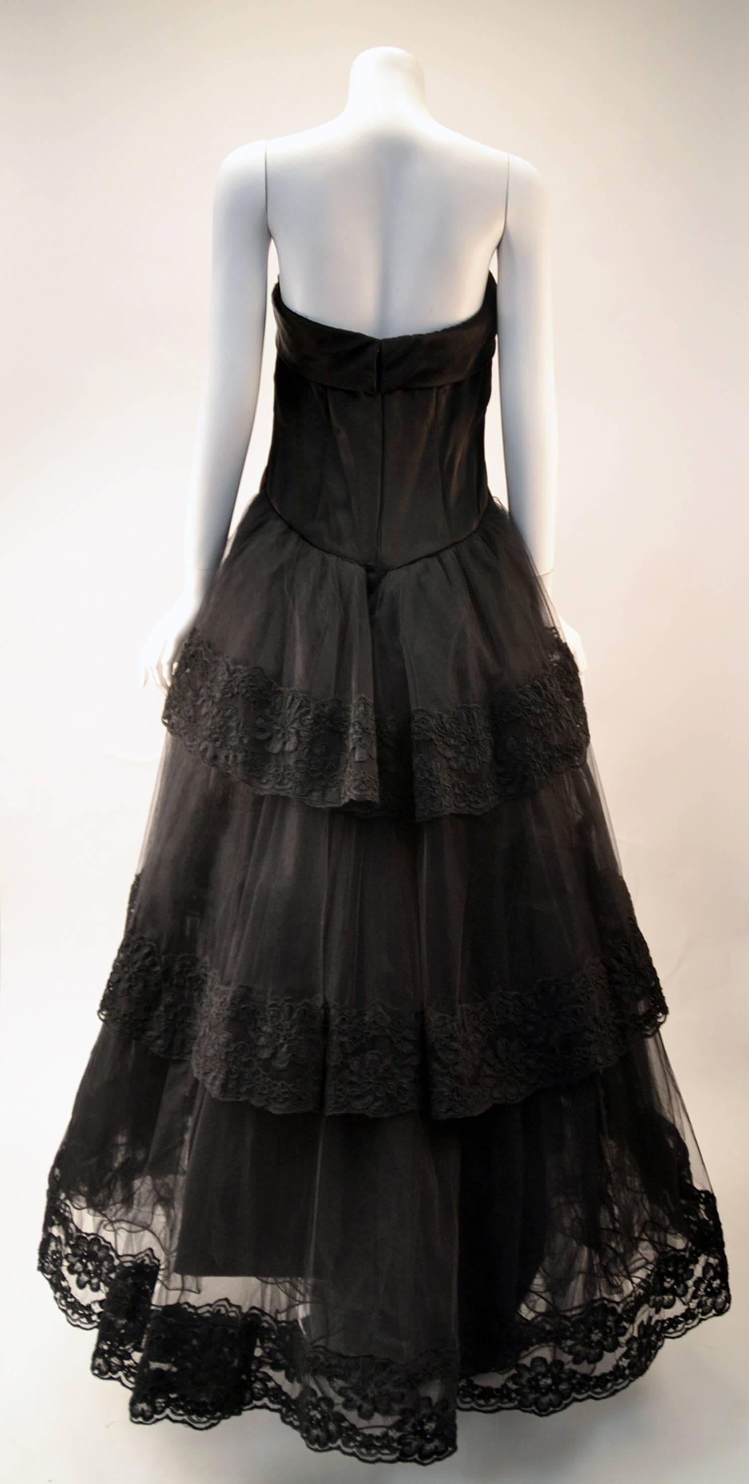1990s Custom Black Satin Tulle & Lace Gown  In Good Condition For Sale In Houston, TX
