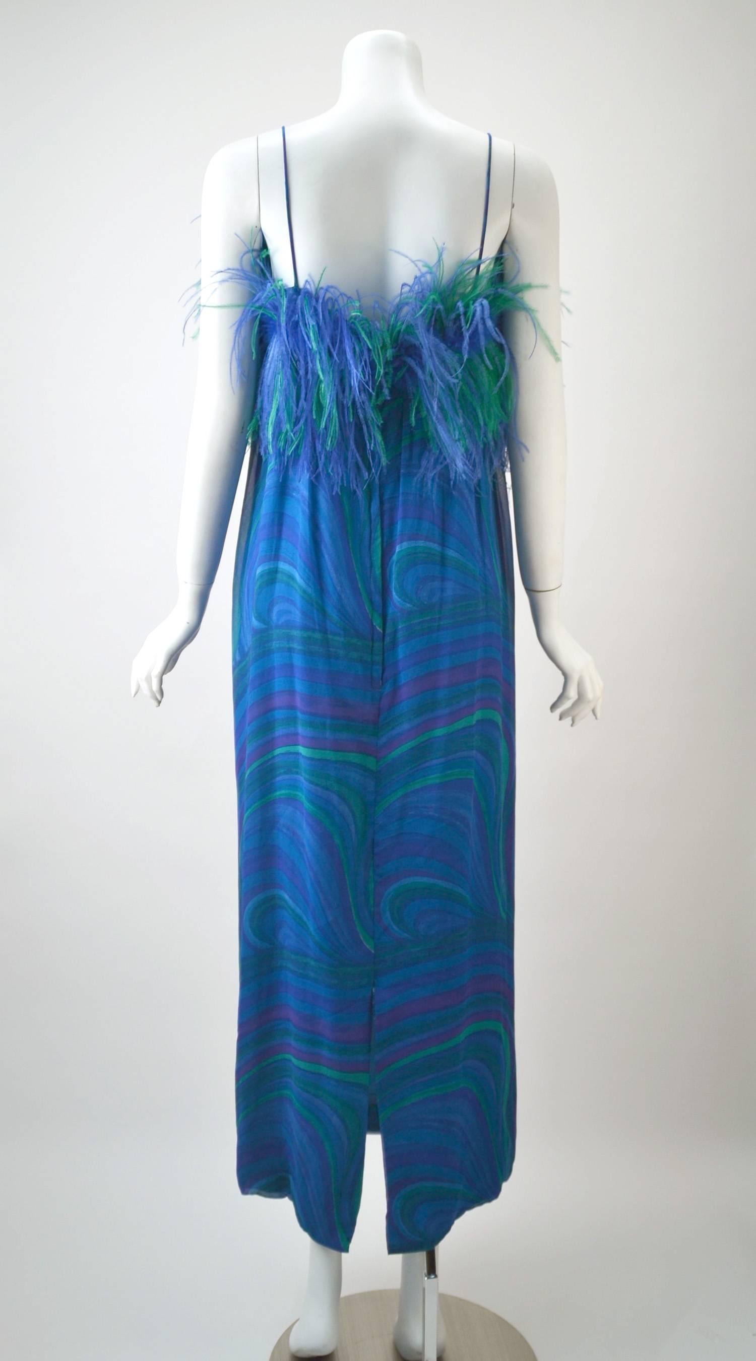 1960s Blue and Green Sheer Formal Dress with Ostrich Feathers In Good Condition In Houston, TX
