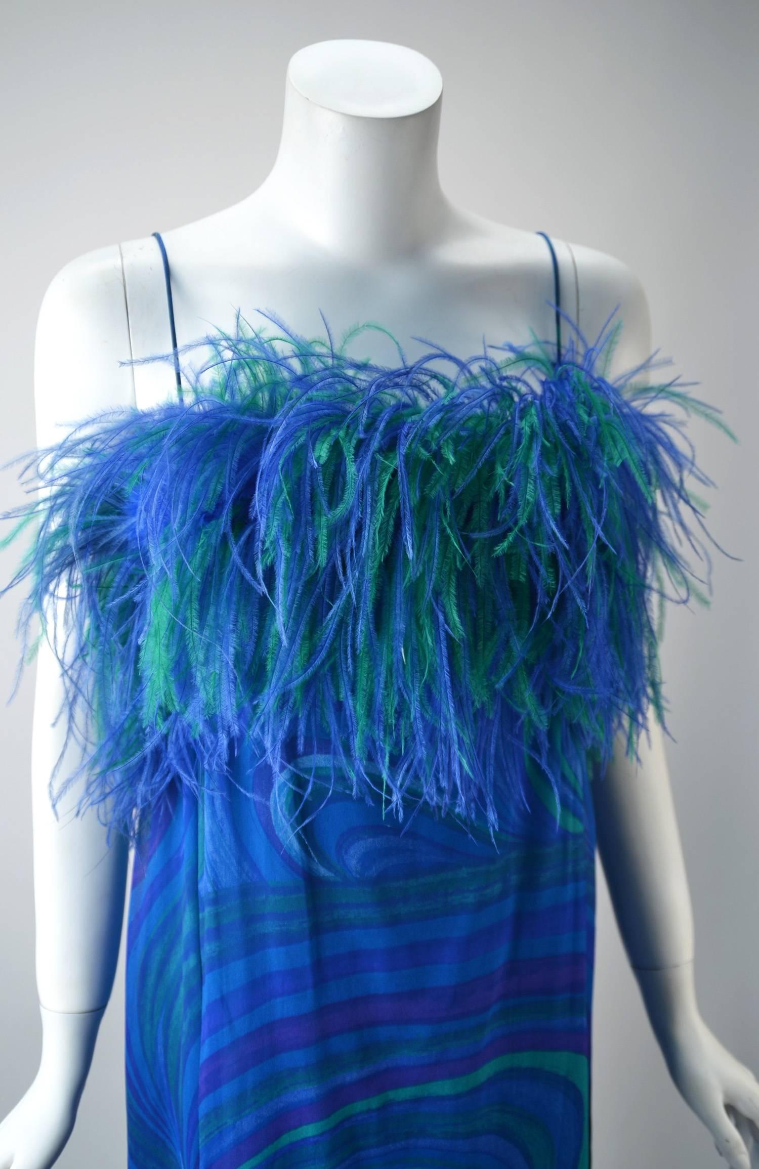 Women's 1960s Blue and Green Sheer Formal Dress with Ostrich Feathers