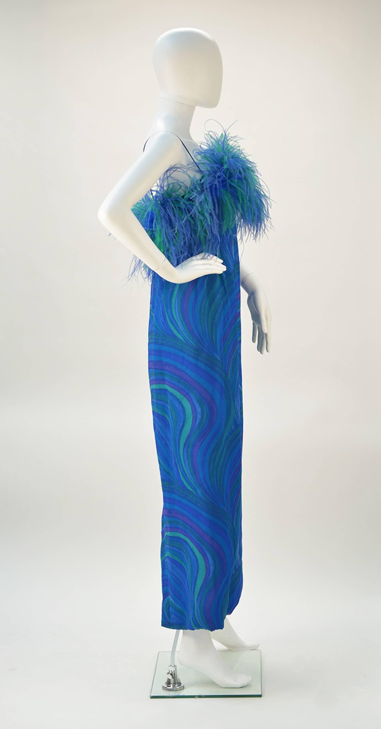 Vintage 1963-1974 fun and fantastic any festive occasion comes this refined yet groovy blue-green swirl maxi length (if you are 5'4