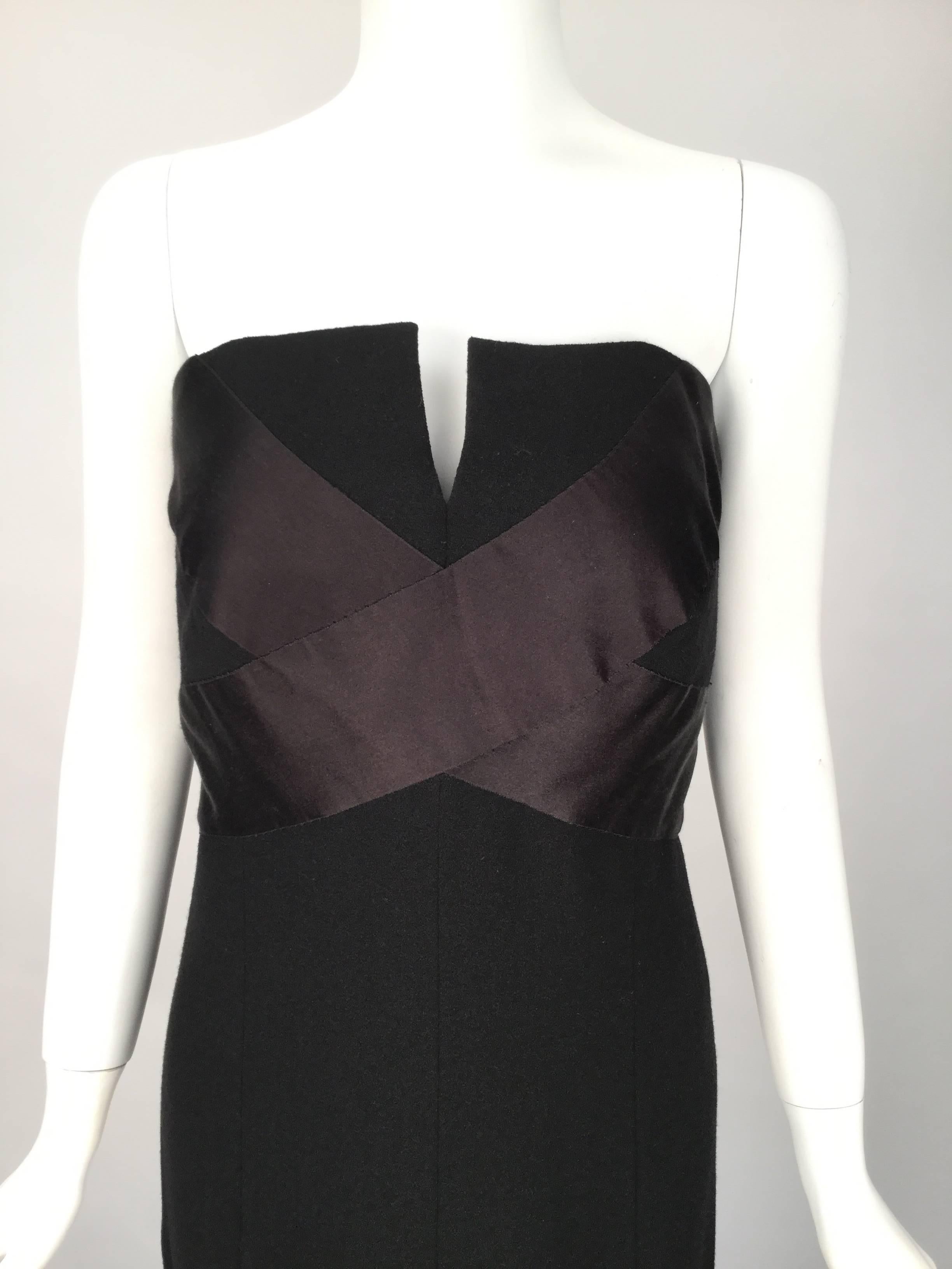 1970s Chanel Black Strapless Wool Crepe & Silk Satin Dress 16 In Excellent Condition For Sale In Houston, TX