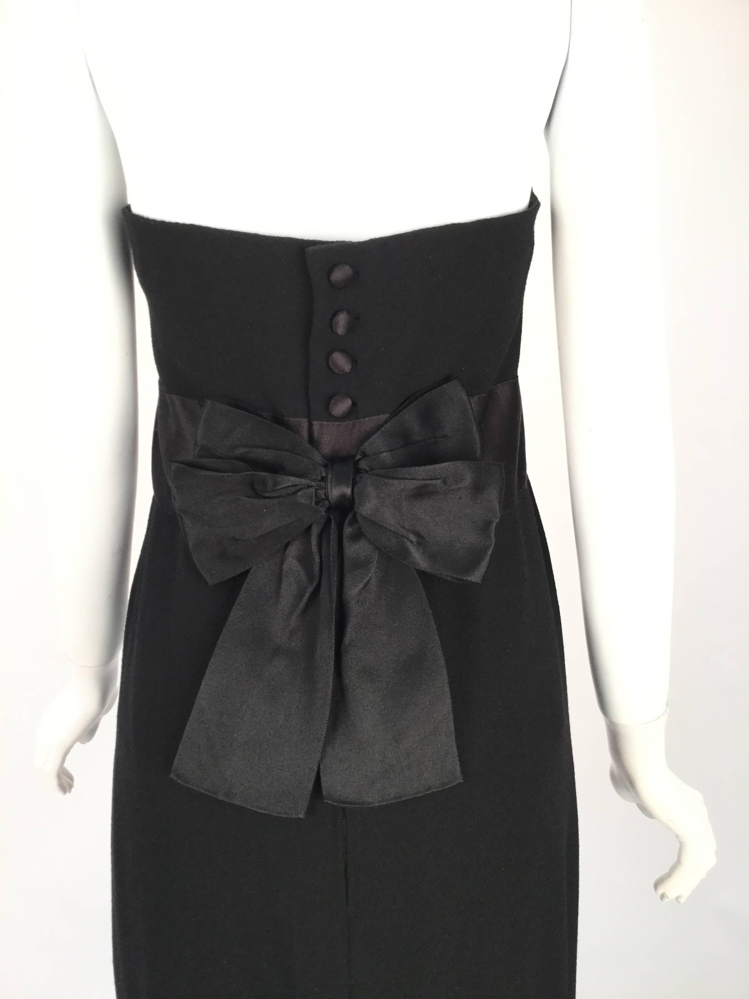 Women's 1970s Chanel Black Strapless Wool Crepe & Silk Satin Dress 16 For Sale
