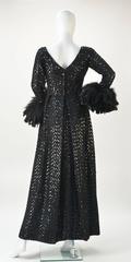 1960s Lillie Rubin Black Sequin Evening Gown with Feather Cuffs