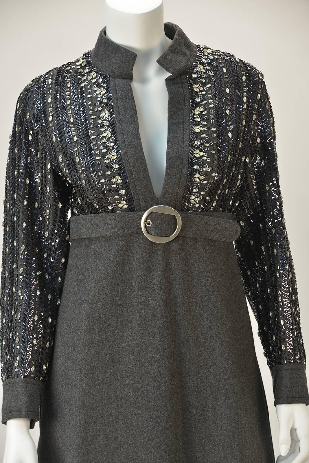 Black 1970s Galanos Rhinestone and Beaded Grey Wool Evening Dress 