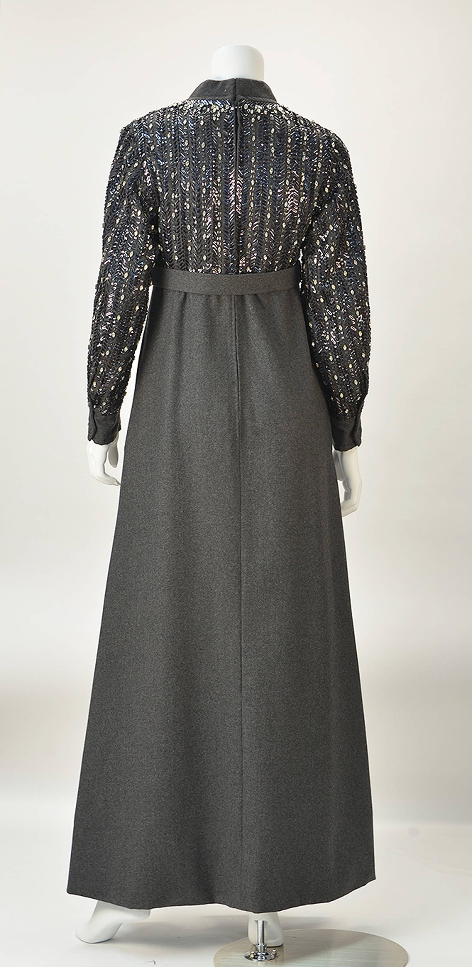 1970s Galanos Rhinestone and Beaded Grey Wool Evening Dress  In Excellent Condition In Houston, TX