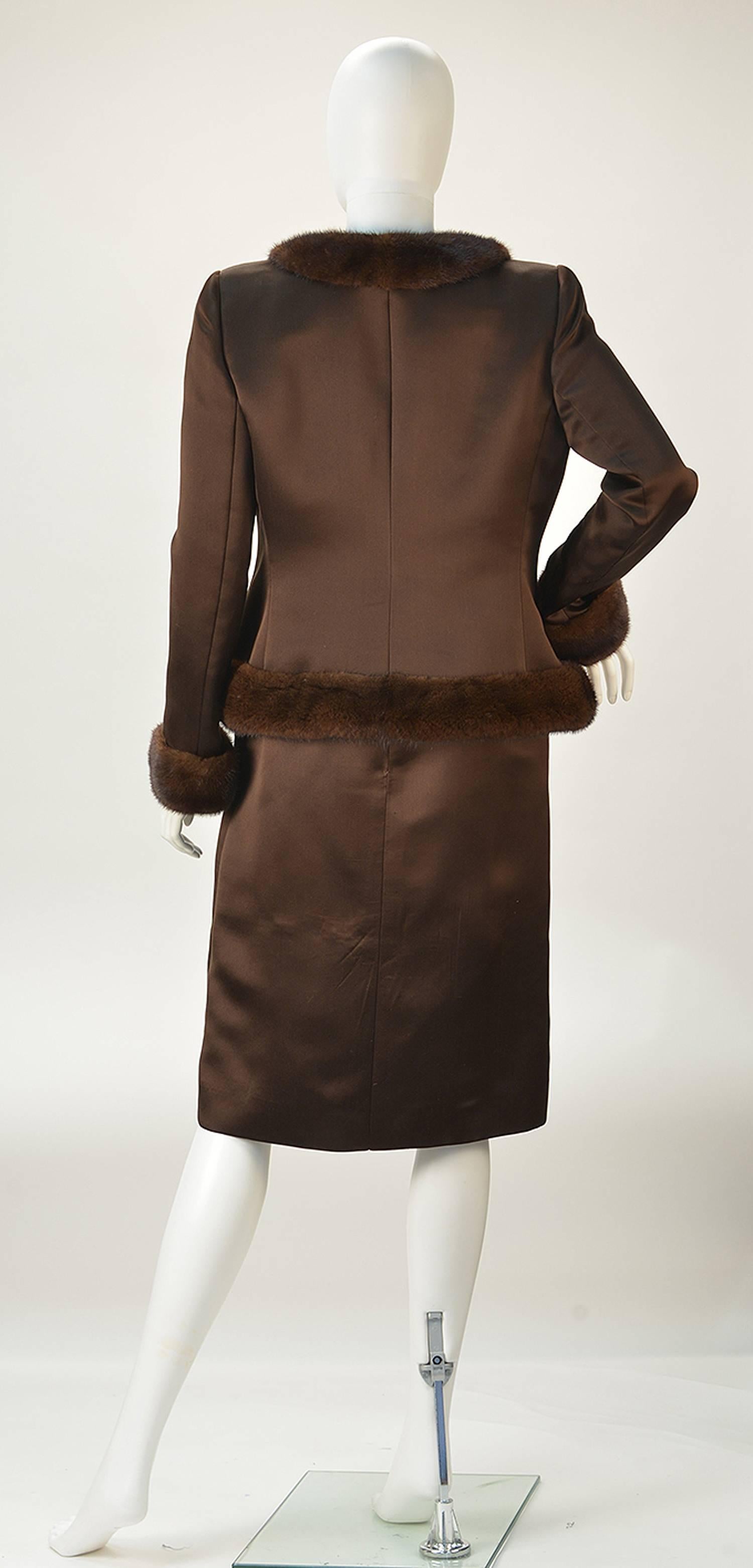 Women's Oscar de la Renta Brown Satin and Mink Ensemble