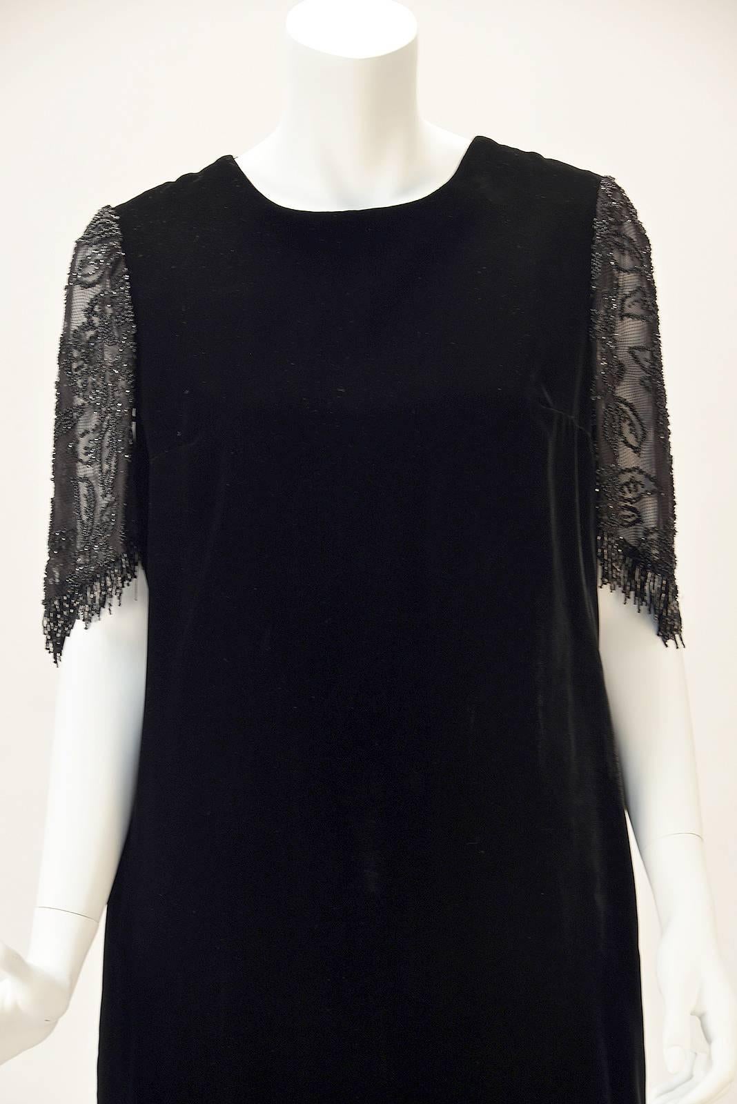 Women's 1980s Custom Black Sheer Back Beaded Velvet Flapper Dress For Sale
