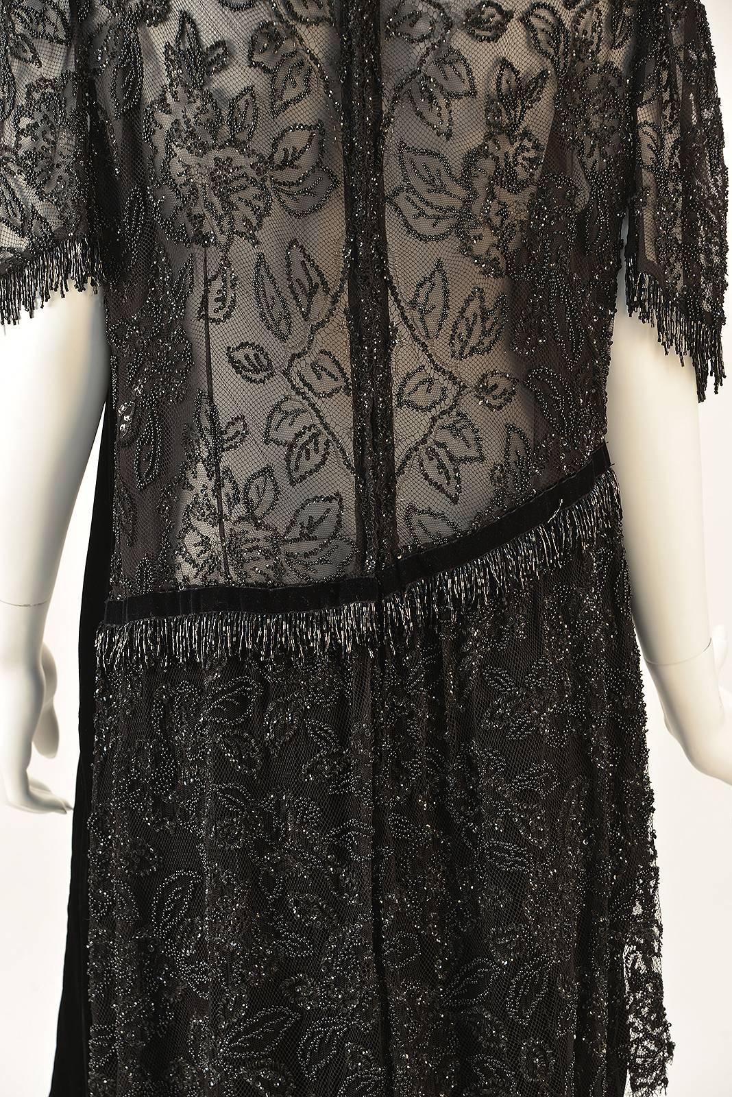 1980s Custom Black Sheer Back Beaded Velvet Flapper Dress In Good Condition For Sale In Houston, TX