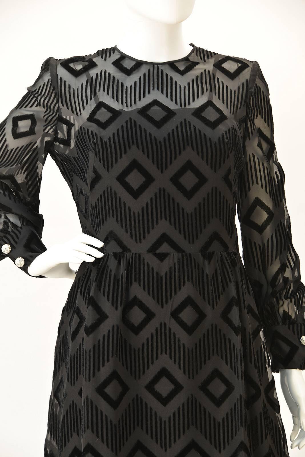Women's Pierre Balmain Black Silk Burnout Dress, 1970s  For Sale